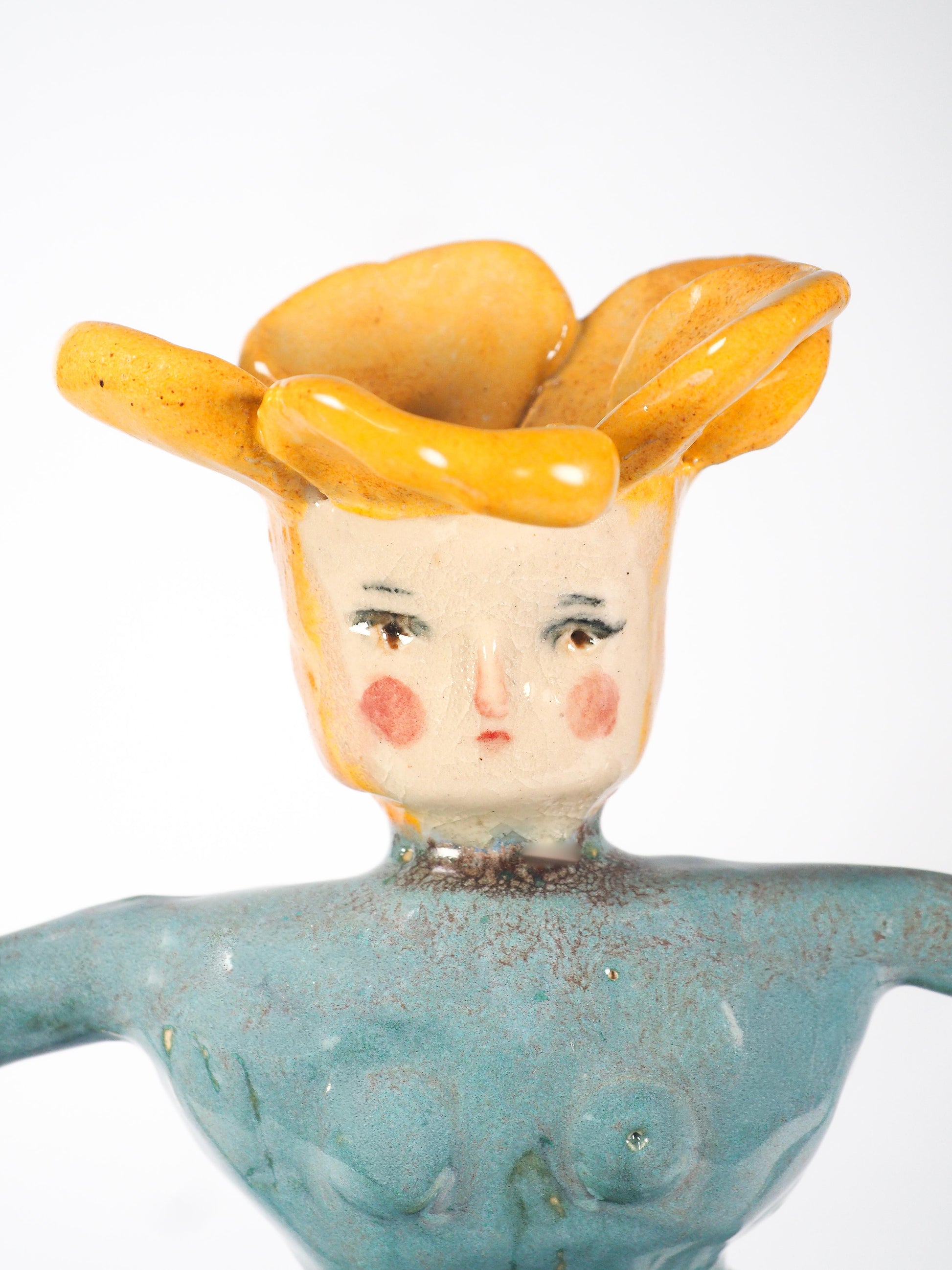 Original hand sculpted ceramic art vessel by Idania Salcido Danita Art. Teal, marigold yellow, and earthy glazes, celebrating confidence, bold personal presence.