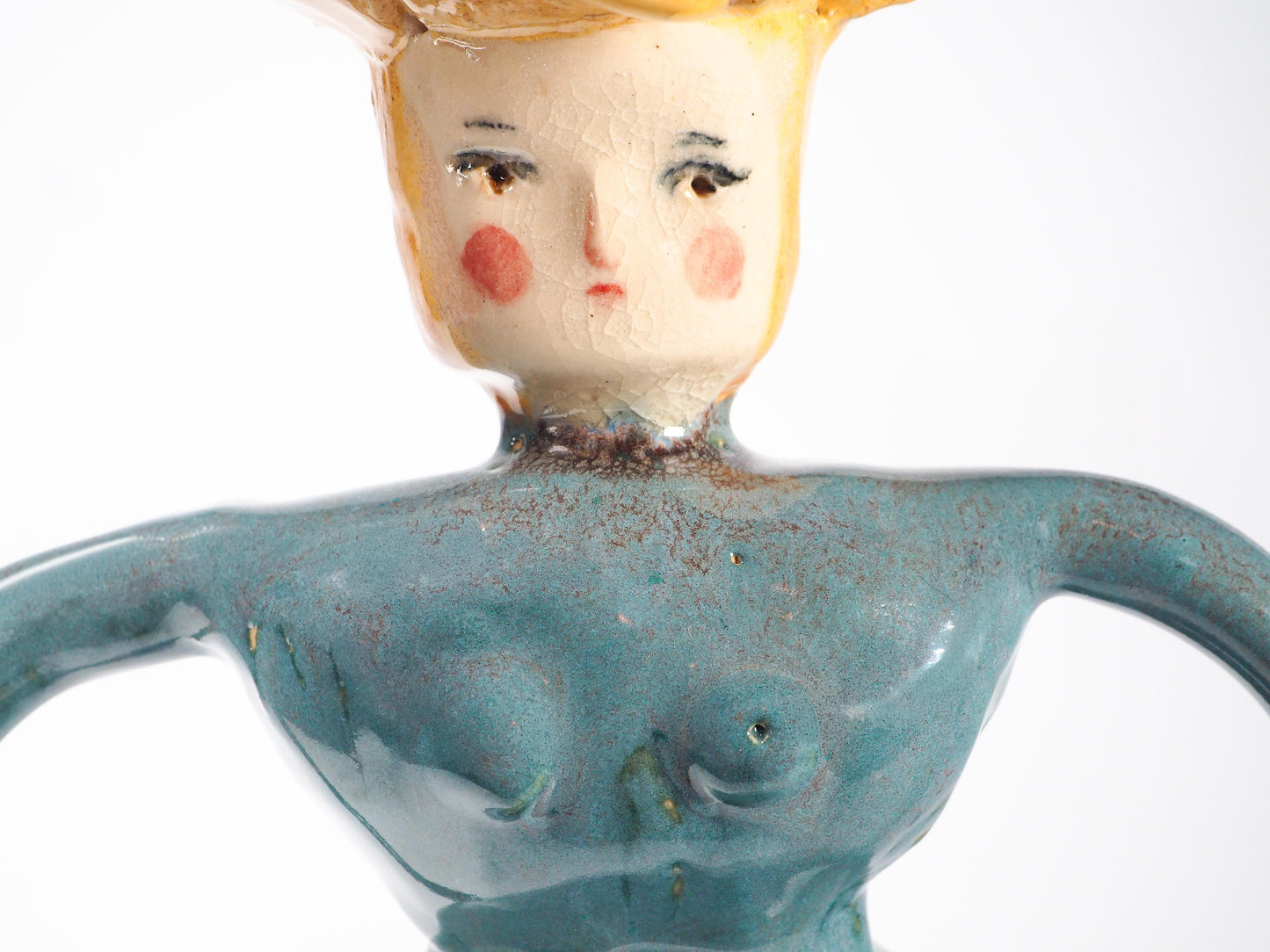Original hand sculpted ceramic art vessel by Idania Salcido Danita Art. Teal, marigold yellow, and earthy glazes, celebrating confidence, bold personal presence.