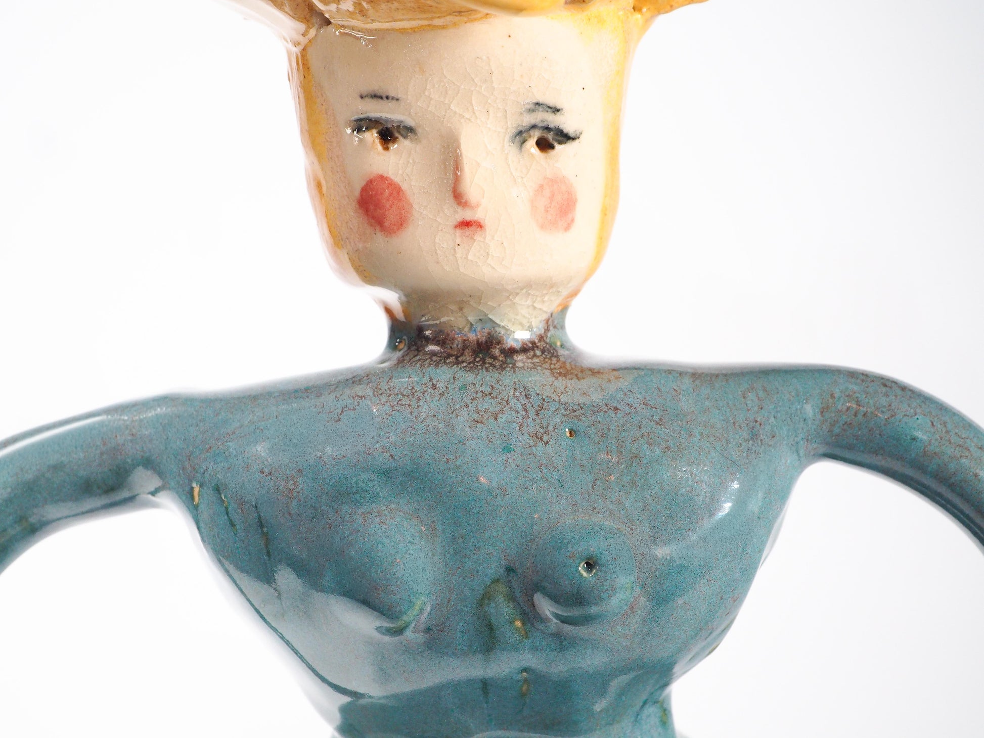 Original hand sculpted ceramic art vessel by Idania Salcido Danita Art. Teal, marigold yellow, and earthy glazes, celebrating confidence, bold personal presence.