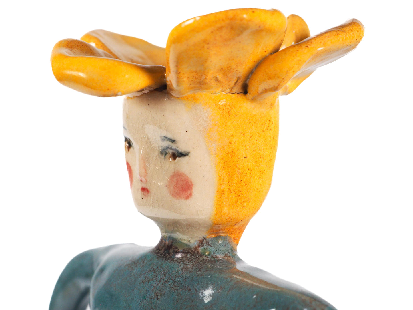 Original hand sculpted ceramic art vessel by Idania Salcido Danita Art. Teal, marigold yellow, and earthy glazes, celebrating confidence, bold personal presence.