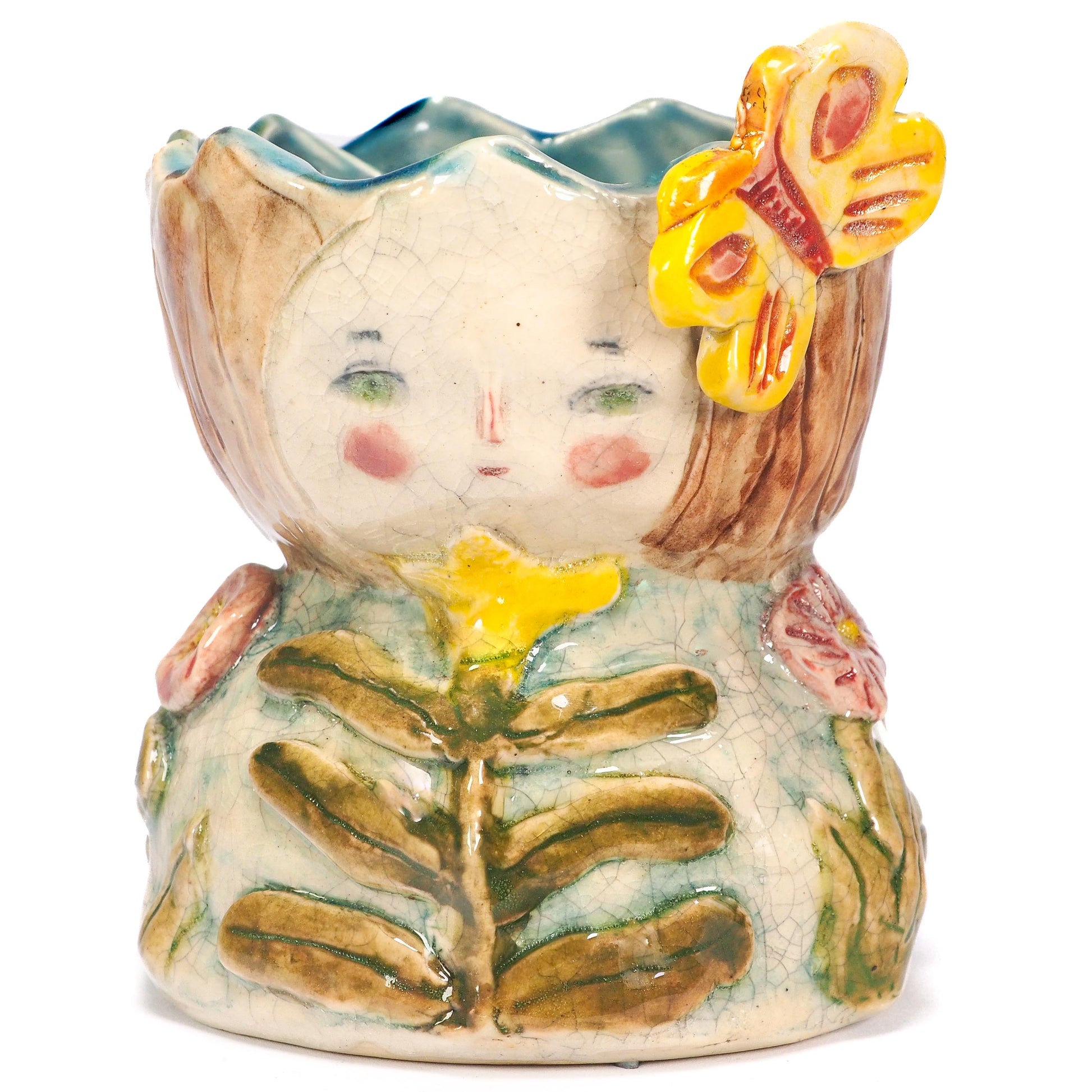 Original hand-sculpted ceramic art vessel by Idania Salcido (Danita Art). vintage jade crackle and floral bas-relief, crowned with a sculpted yellow butterfly.