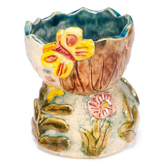 Original hand-sculpted ceramic art vessel by Idania Salcido (Danita Art). vintage jade crackle and floral bas-relief, crowned with a sculpted yellow butterfly.
