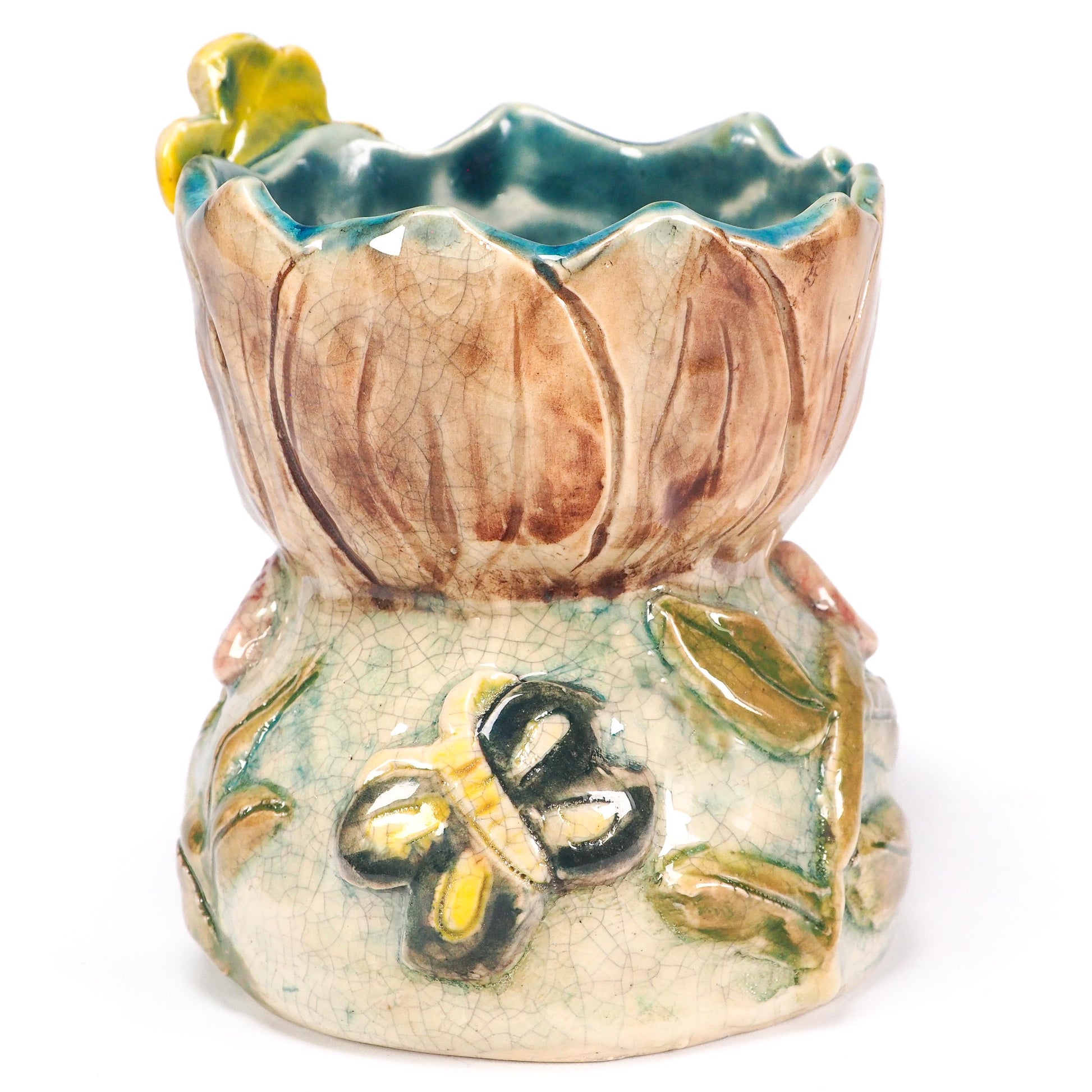 Original hand-sculpted ceramic art vessel by Idania Salcido (Danita Art). vintage jade crackle and floral bas-relief, crowned with a sculpted yellow butterfly.