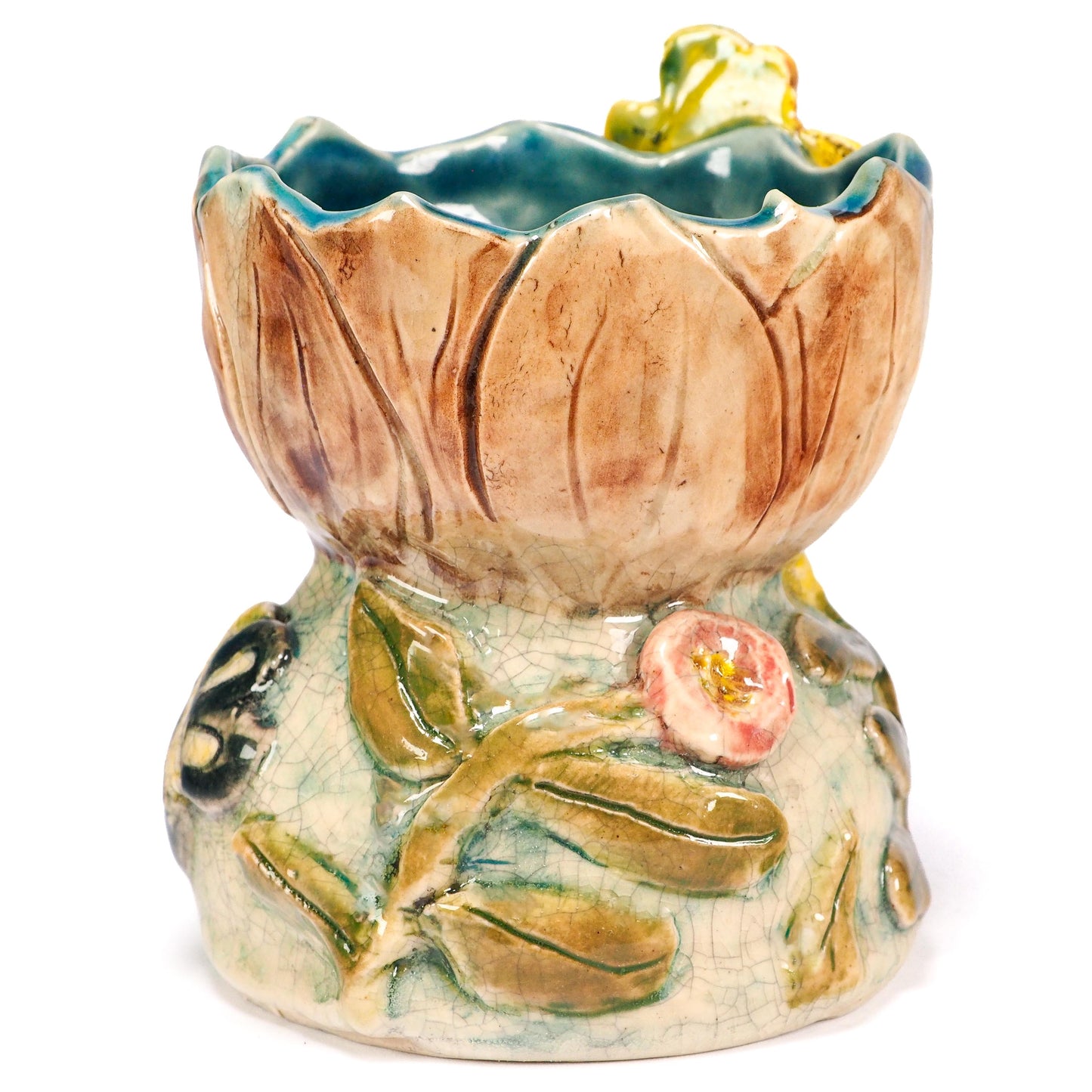 Original hand-sculpted ceramic art vessel by Idania Salcido (Danita Art). vintage jade crackle and floral bas-relief, crowned with a sculpted yellow butterfly.
