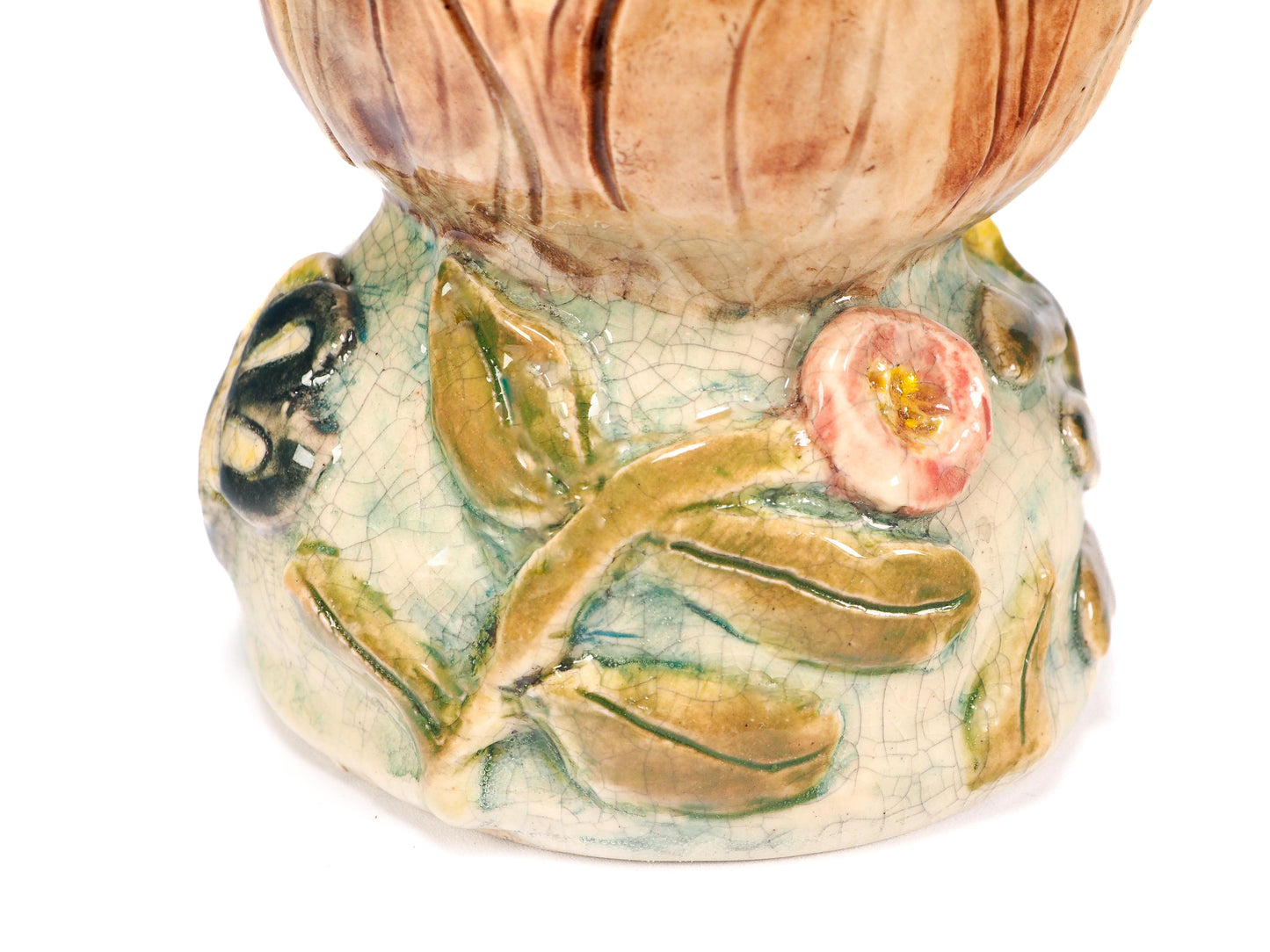 Original hand-sculpted ceramic art vessel by Idania Salcido (Danita Art). vintage jade crackle and floral bas-relief, crowned with a sculpted yellow butterfly.