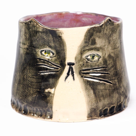 Original hand-carved ceramic cat vessel by Idania Salcido (Danita Art). Smoky grey, creamy crackle, rich plum interior glazes, feline mystery and companionship.