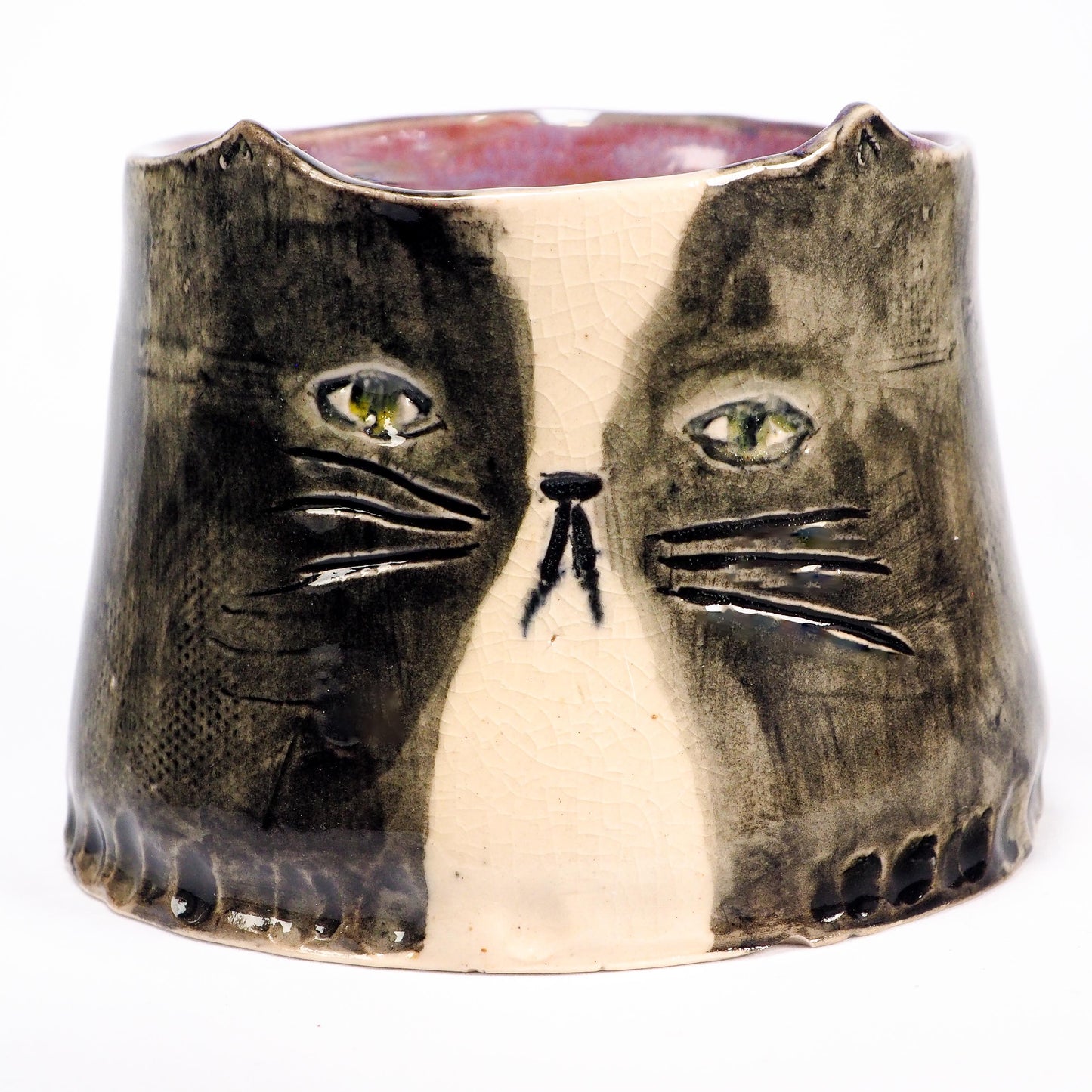 Original hand-carved ceramic cat vessel by Idania Salcido (Danita Art). Smoky grey, creamy crackle, rich plum interior glazes, feline mystery and companionship.