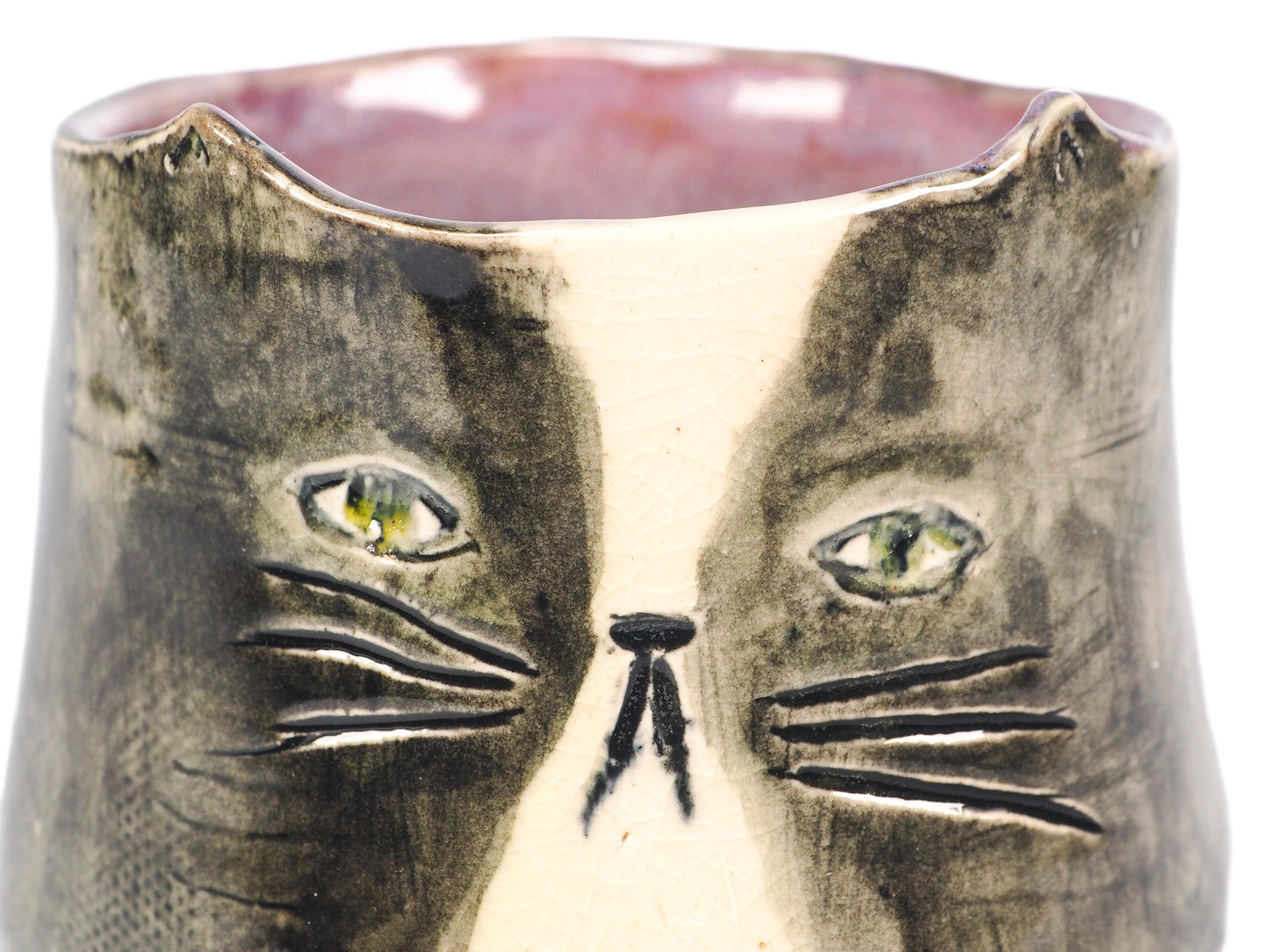 Original hand-carved ceramic cat vessel by Idania Salcido (Danita Art). Smoky grey, creamy crackle, rich plum interior glazes, feline mystery and companionship.
