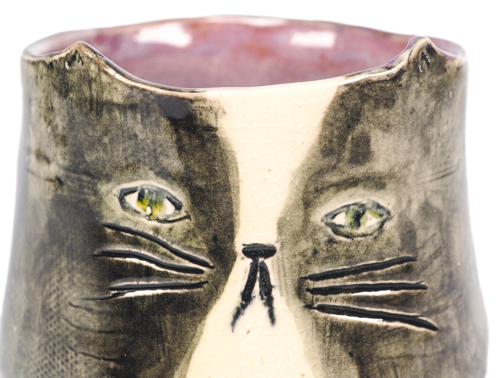 Original hand-carved ceramic cat vessel by Idania Salcido (Danita Art). Smoky grey, creamy crackle, rich plum interior glazes, feline mystery and companionship.