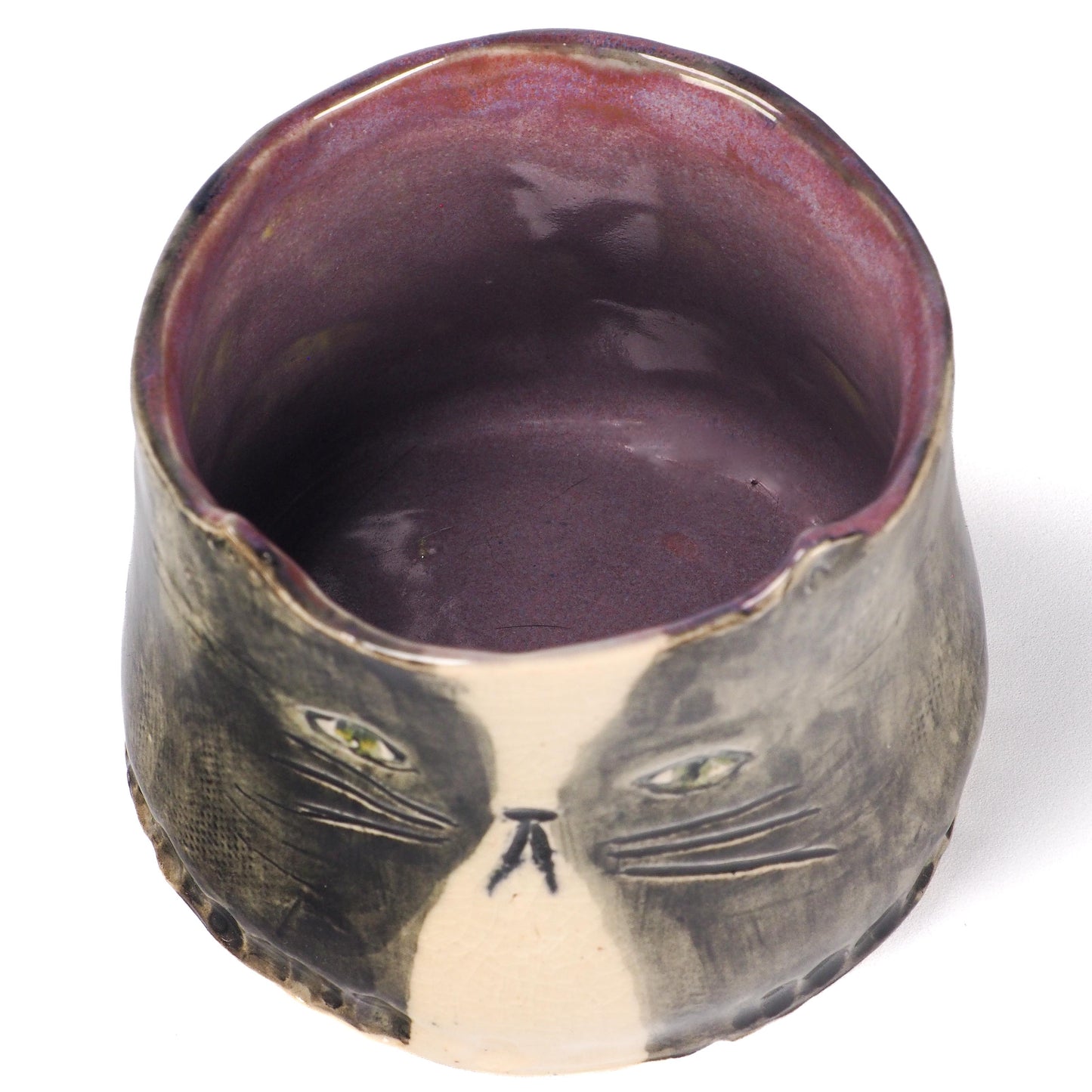 Original hand-carved ceramic cat vessel by Idania Salcido (Danita Art). Smoky grey, creamy crackle, rich plum interior glazes, feline mystery and companionship.