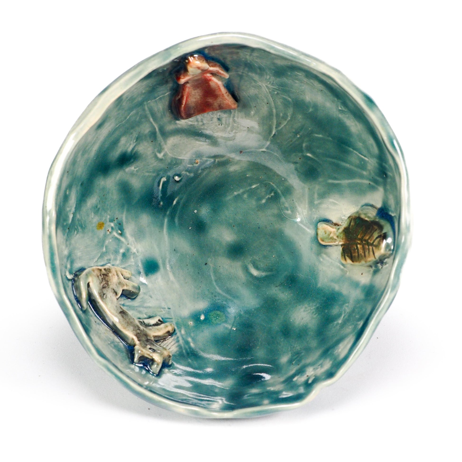 Original hand-carved ceramic storytelling bowl by Idania Salcido (Danita Art). Deep forest teal and sage glazes, featuring Little Red Riding Hood, the wolf.