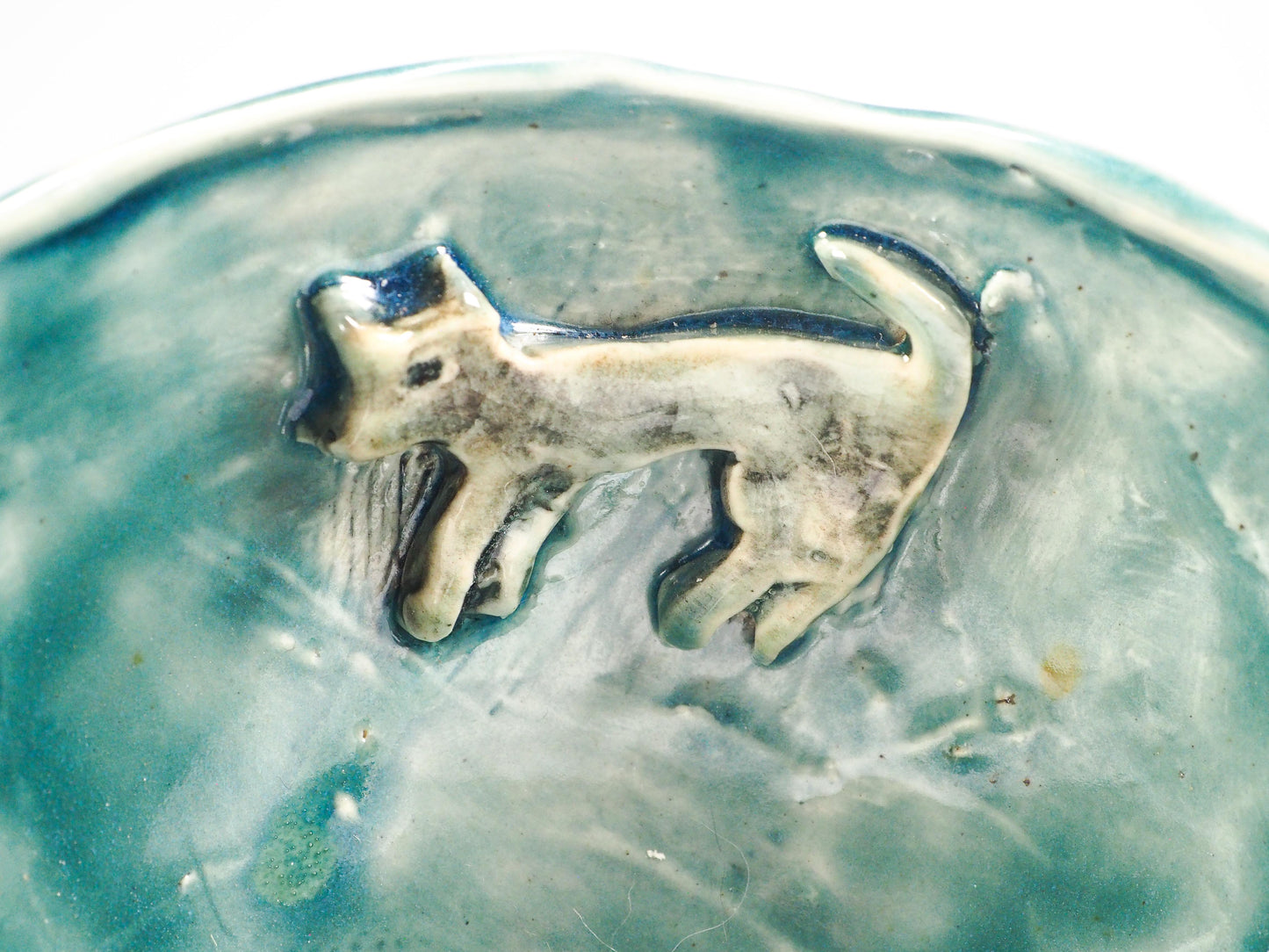Original hand-carved ceramic storytelling bowl by Idania Salcido (Danita Art). Deep forest teal and sage glazes, featuring Little Red Riding Hood, the wolf.