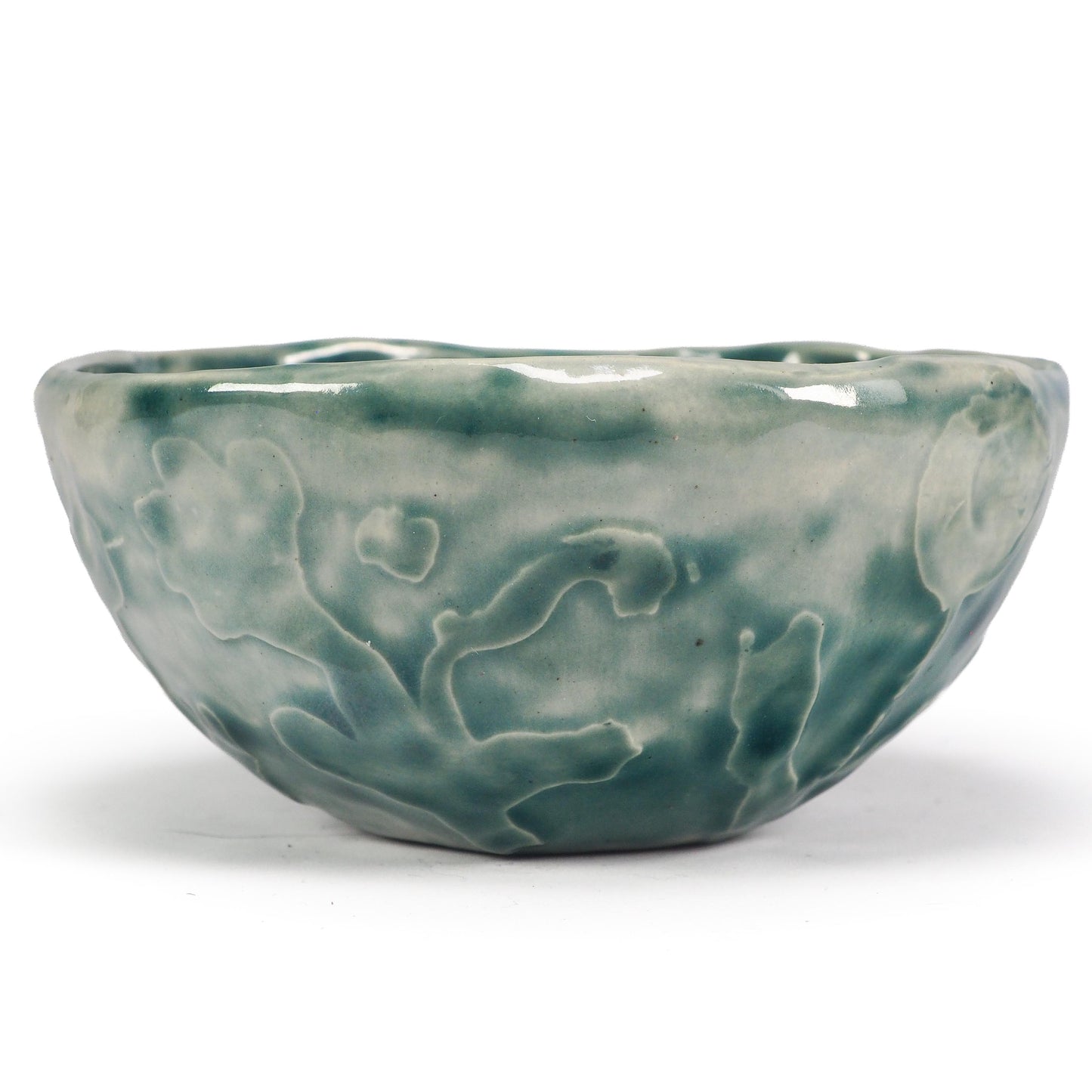 Original hand-carved ceramic storytelling bowl by Idania Salcido (Danita Art). Deep forest teal and sage glazes, featuring Little Red Riding Hood, the wolf.
