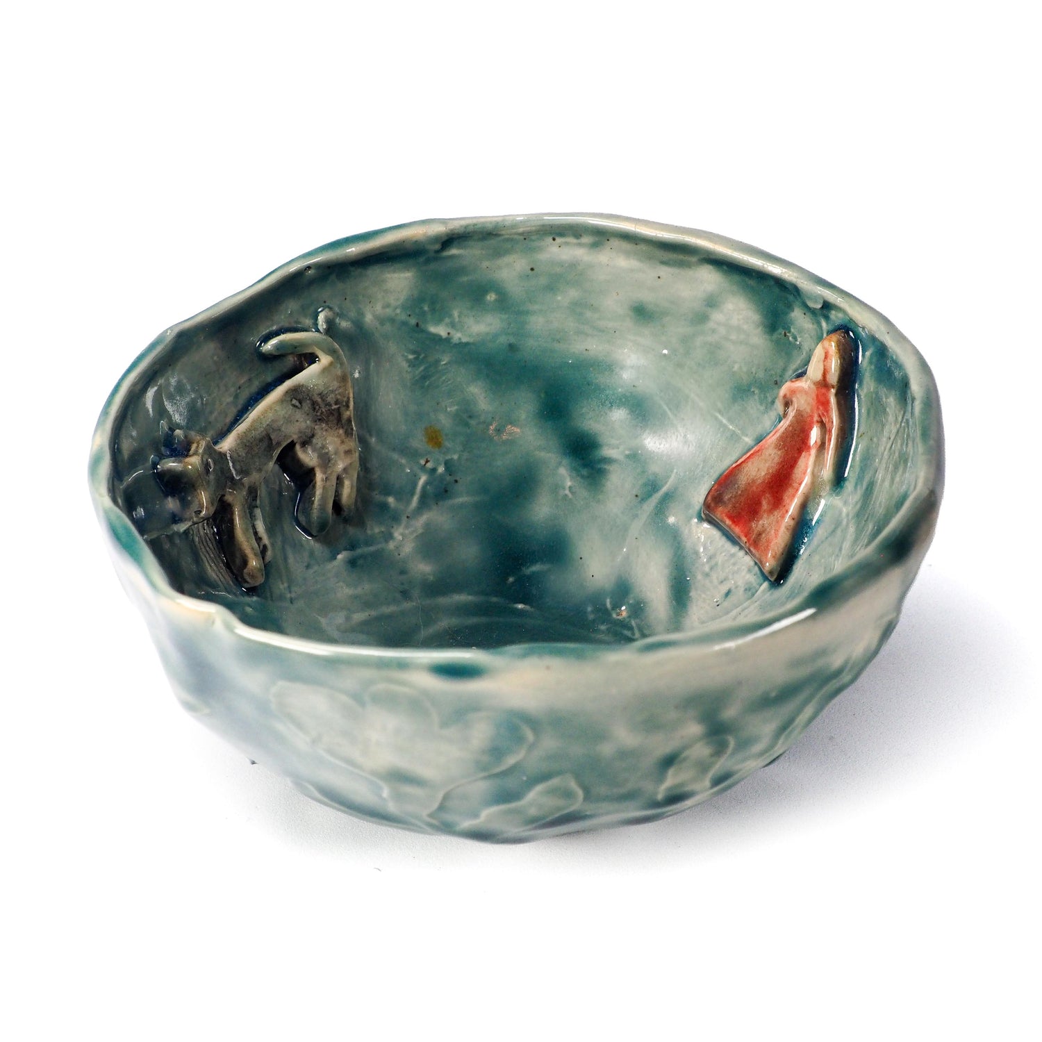 Original hand-carved ceramic storytelling bowl by Idania Salcido (Danita Art). Deep forest teal and sage glazes, featuring Little Red Riding Hood, the wolf.