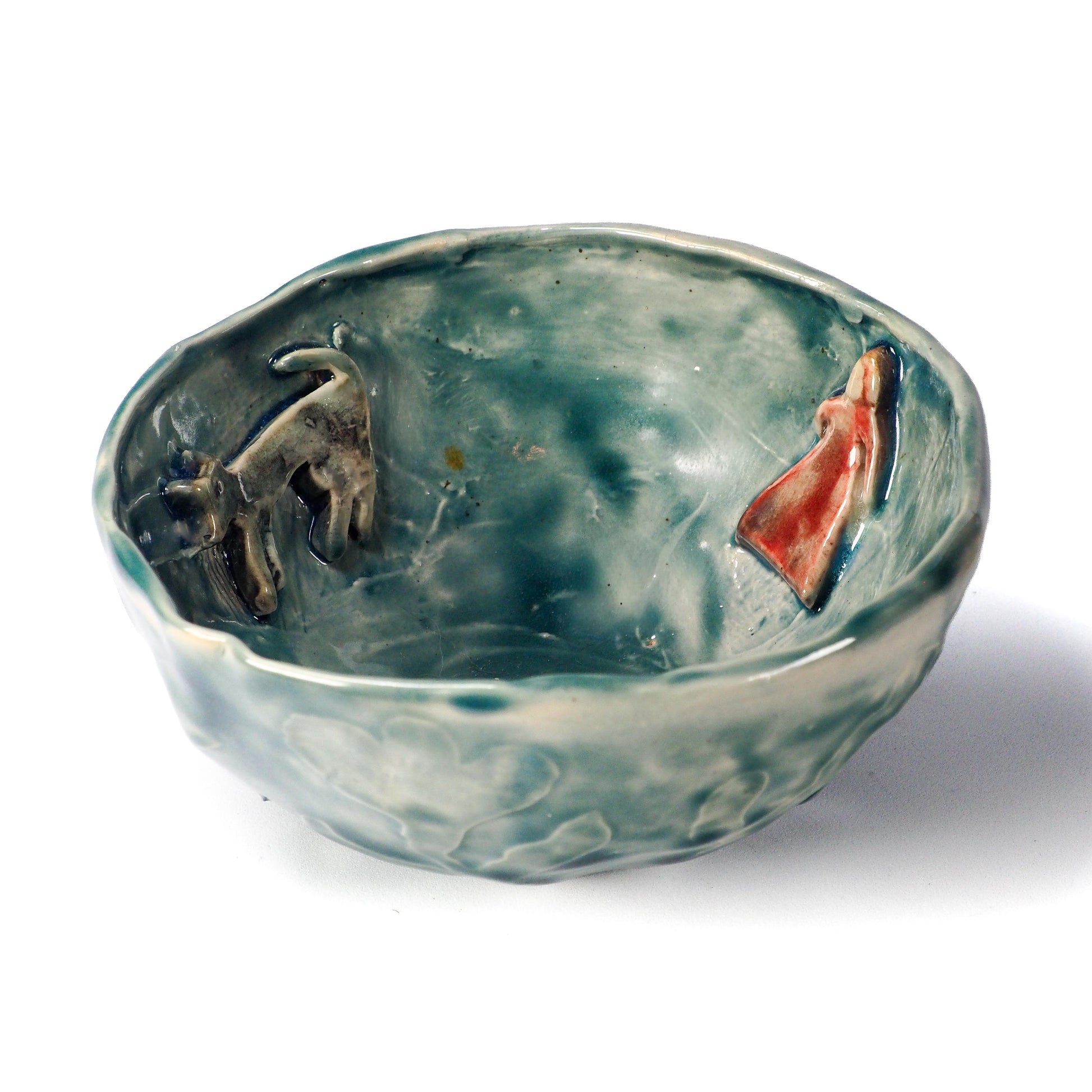 Original hand-carved ceramic storytelling bowl by Idania Salcido (Danita Art). Deep forest teal and sage glazes, featuring Little Red Riding Hood, the wolf.