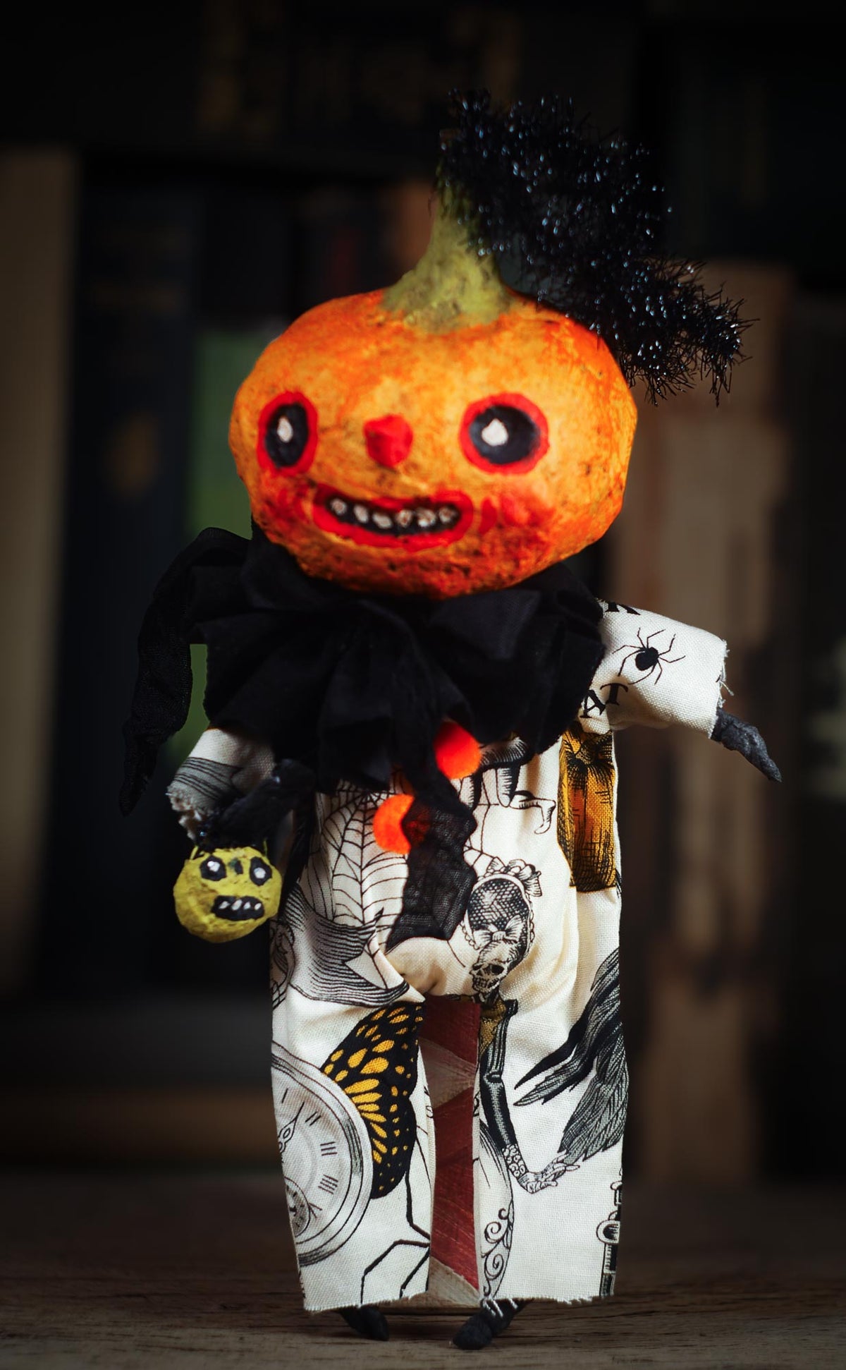 An original spooky cute outsider folk art Halloween Doll by Idania Salcido (Danita Art). Hand made using spun cotton, paper and fabric to create the perfect Halloween ornament for your tree. Made for someone who appreciates fine and unique art gifts, with lots of love.