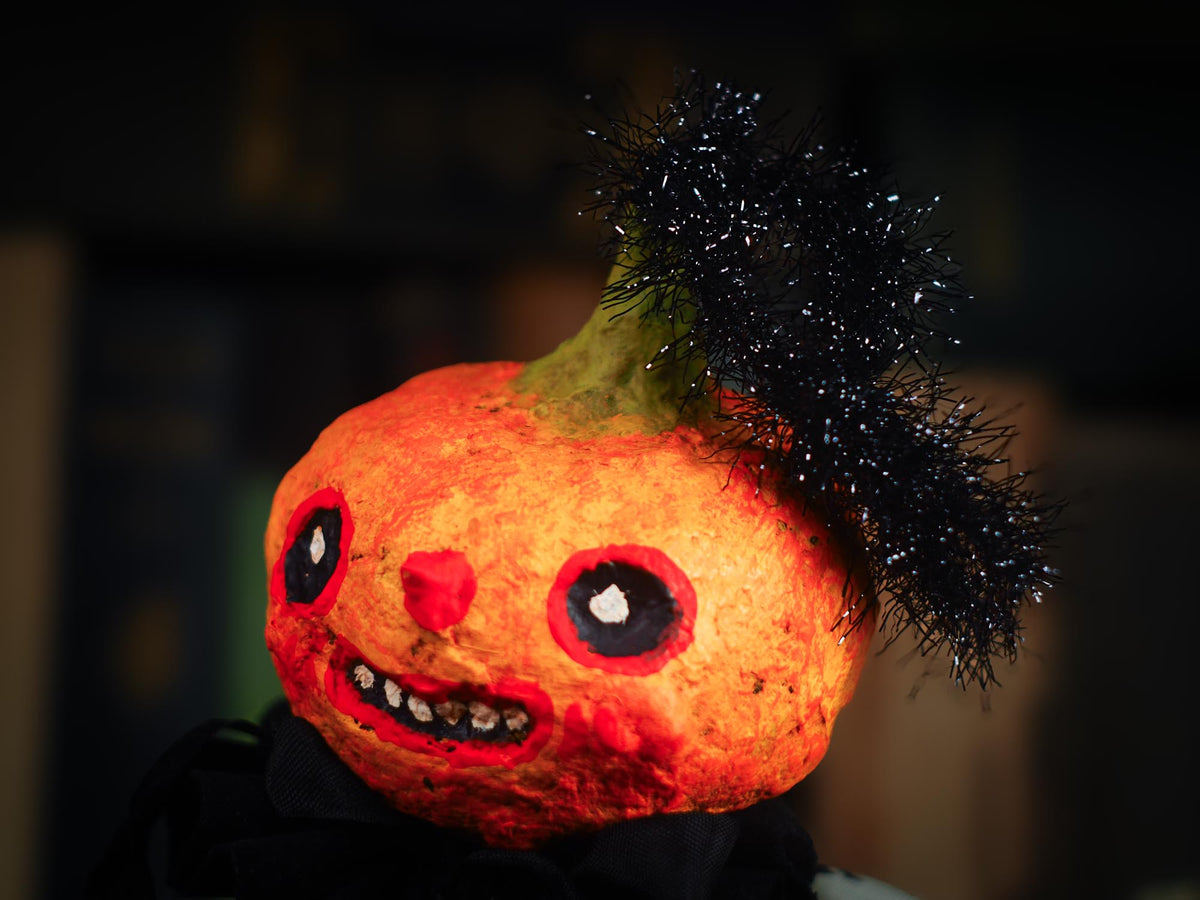 An original spooky cute outsider folk art Halloween Doll by Idania Salcido (Danita Art). Hand made using spun cotton, paper and fabric to create the perfect Halloween ornament for your tree. Made for someone who appreciates fine and unique art gifts, with lots of love.
