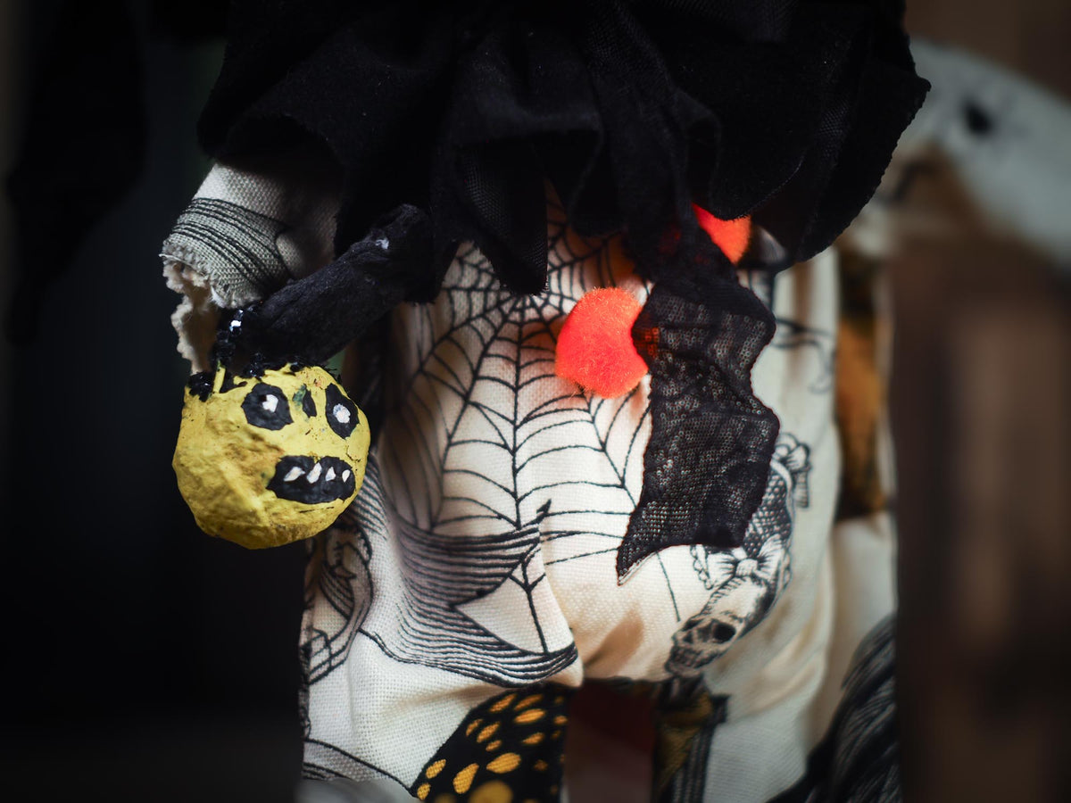 An original spooky cute outsider folk art Halloween Doll by Idania Salcido (Danita Art). Hand made using spun cotton, paper and fabric to create the perfect Halloween ornament for your tree. Made for someone who appreciates fine and unique art gifts, with lots of love.