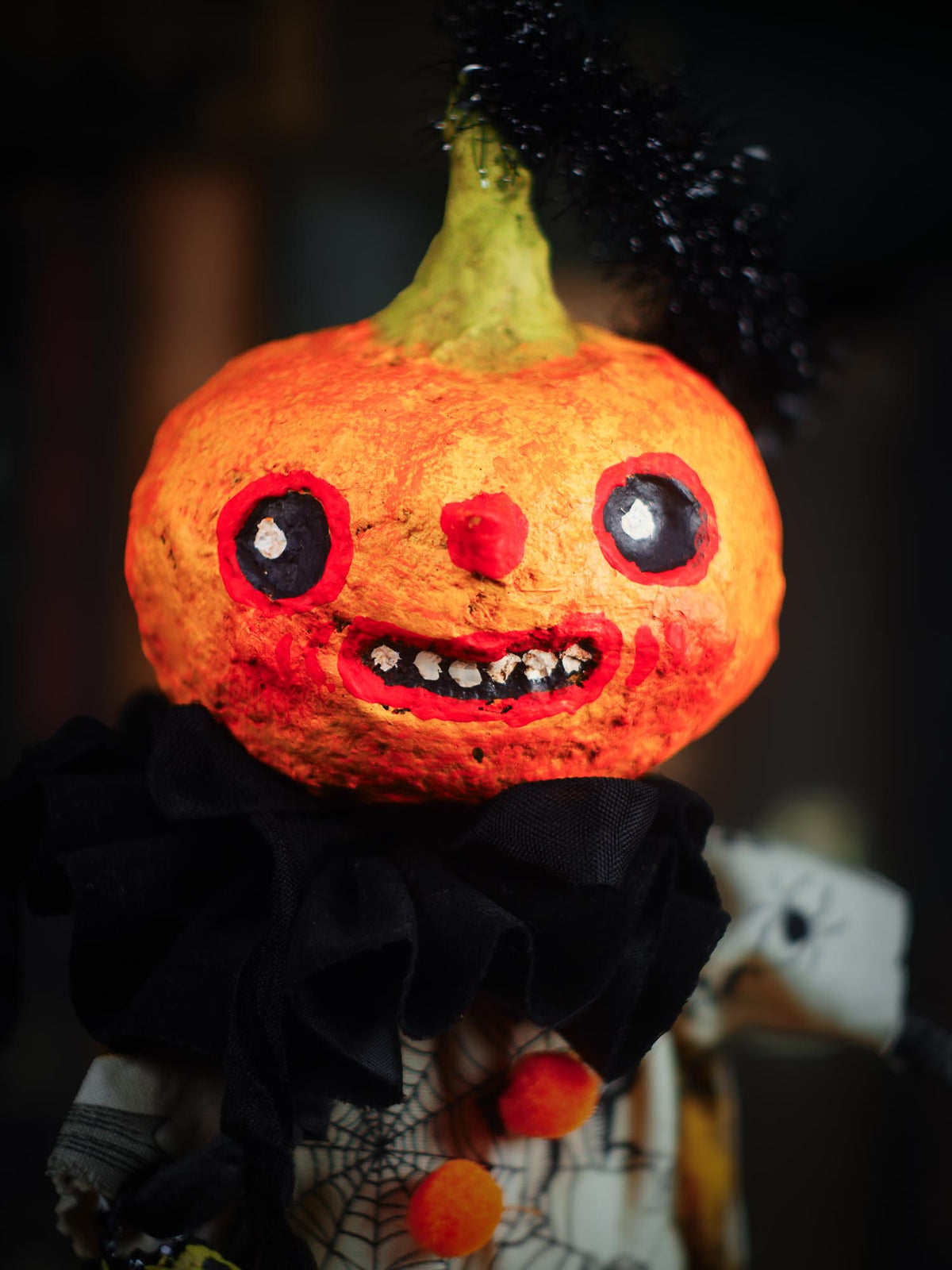 An original spooky cute outsider folk art Halloween Doll by Idania Salcido (Danita Art). Hand made using spun cotton, paper and fabric to create the perfect Halloween ornament for your tree. Made for someone who appreciates fine and unique art gifts, with lots of love.