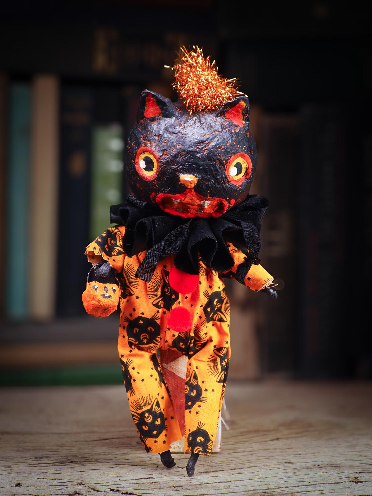 An original spooky cute outsider folk art Halloween Black Cat Doll. Hand made using spun cotton, paper and fabric to create the perfect Halloween ornament for your tree. Specially made for someone who appreciates fine and unique art gifts, It is a one of a kind creation with an original design by Idania Salcido (Danita Art).