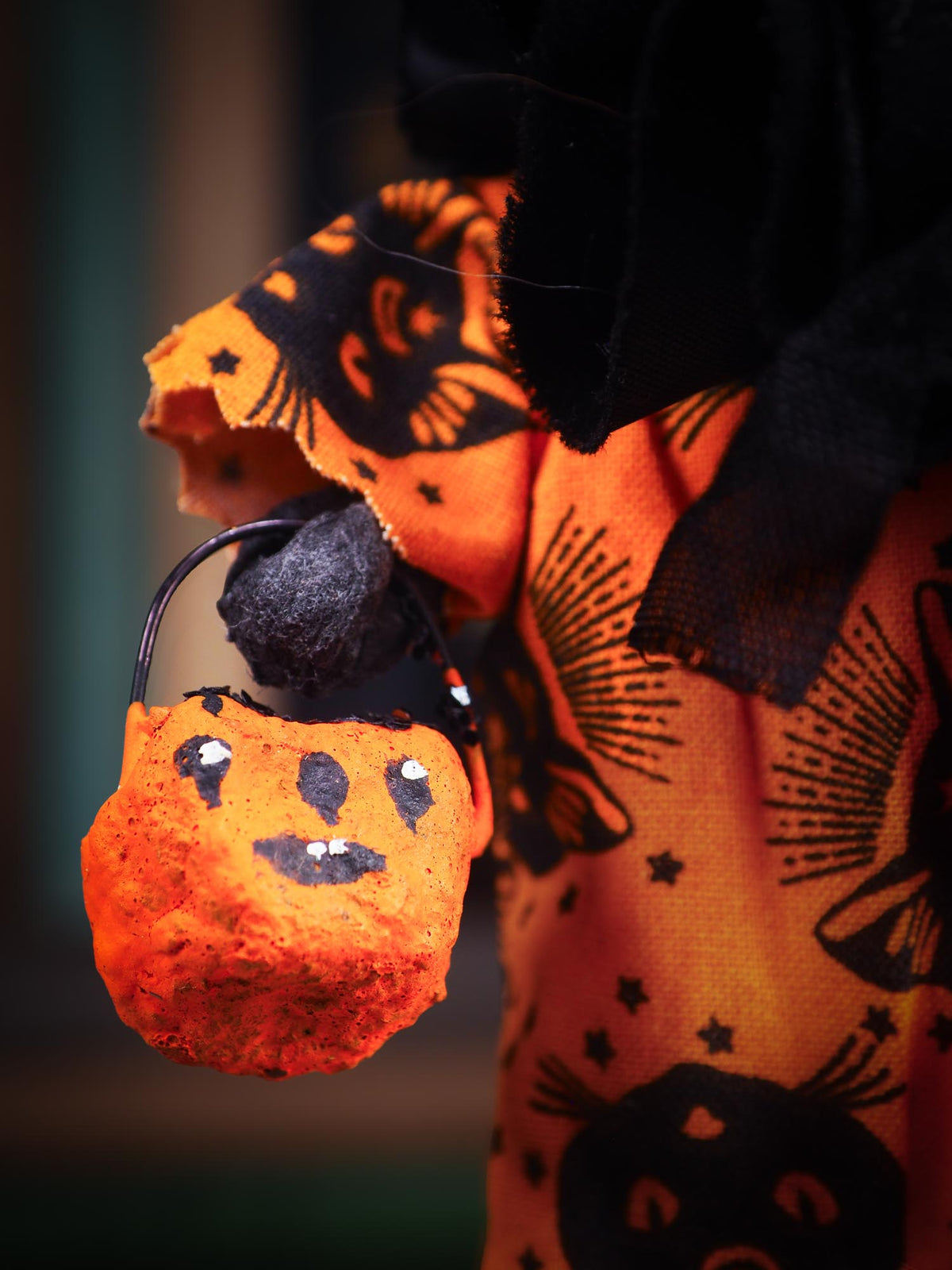 An original spooky cute outsider folk art Halloween Black Cat Doll. Hand made using spun cotton, paper and fabric to create the perfect Halloween ornament for your tree. Specially made for someone who appreciates fine and unique art gifts, It is a one of a kind creation with an original design by Idania Salcido (Danita Art).