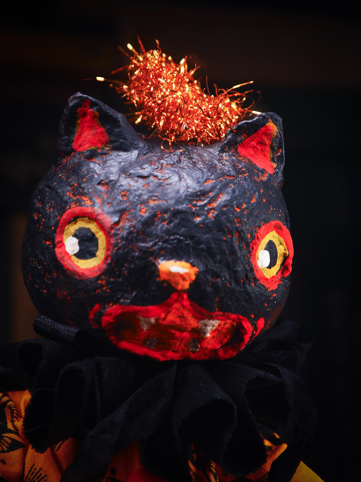 An original spooky cute outsider folk art Halloween Black Cat Doll. Hand made using spun cotton, paper and fabric to create the perfect Halloween ornament for your tree. Specially made for someone who appreciates fine and unique art gifts, It is a one of a kind creation with an original design by Idania Salcido (Danita Art).