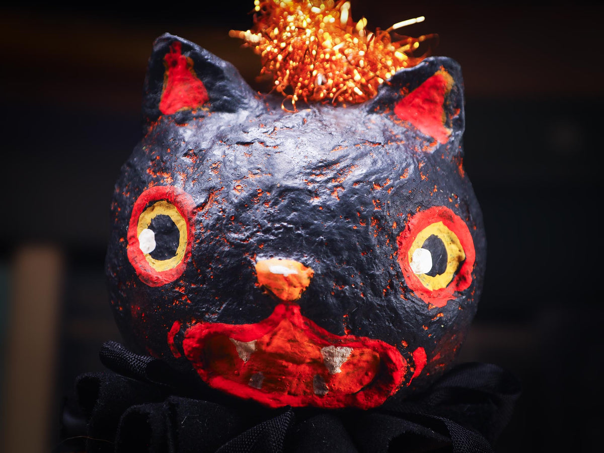 An original spooky cute outsider folk art Halloween Black Cat Doll. Hand made using spun cotton, paper and fabric to create the perfect Halloween ornament for your tree. Specially made for someone who appreciates fine and unique art gifts, It is a one of a kind creation with an original design by Idania Salcido (Danita Art).