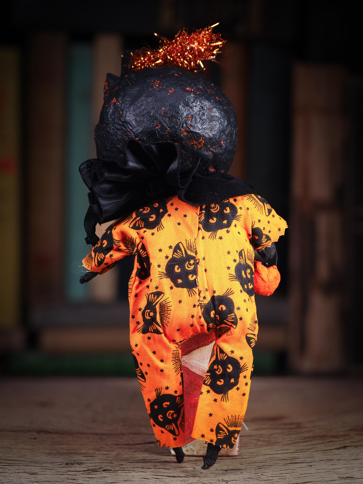 An original spooky cute outsider folk art Halloween Black Cat Doll. Hand made using spun cotton, paper and fabric to create the perfect Halloween ornament for your tree. Specially made for someone who appreciates fine and unique art gifts, It is a one of a kind creation with an original design by Idania Salcido (Danita Art).
