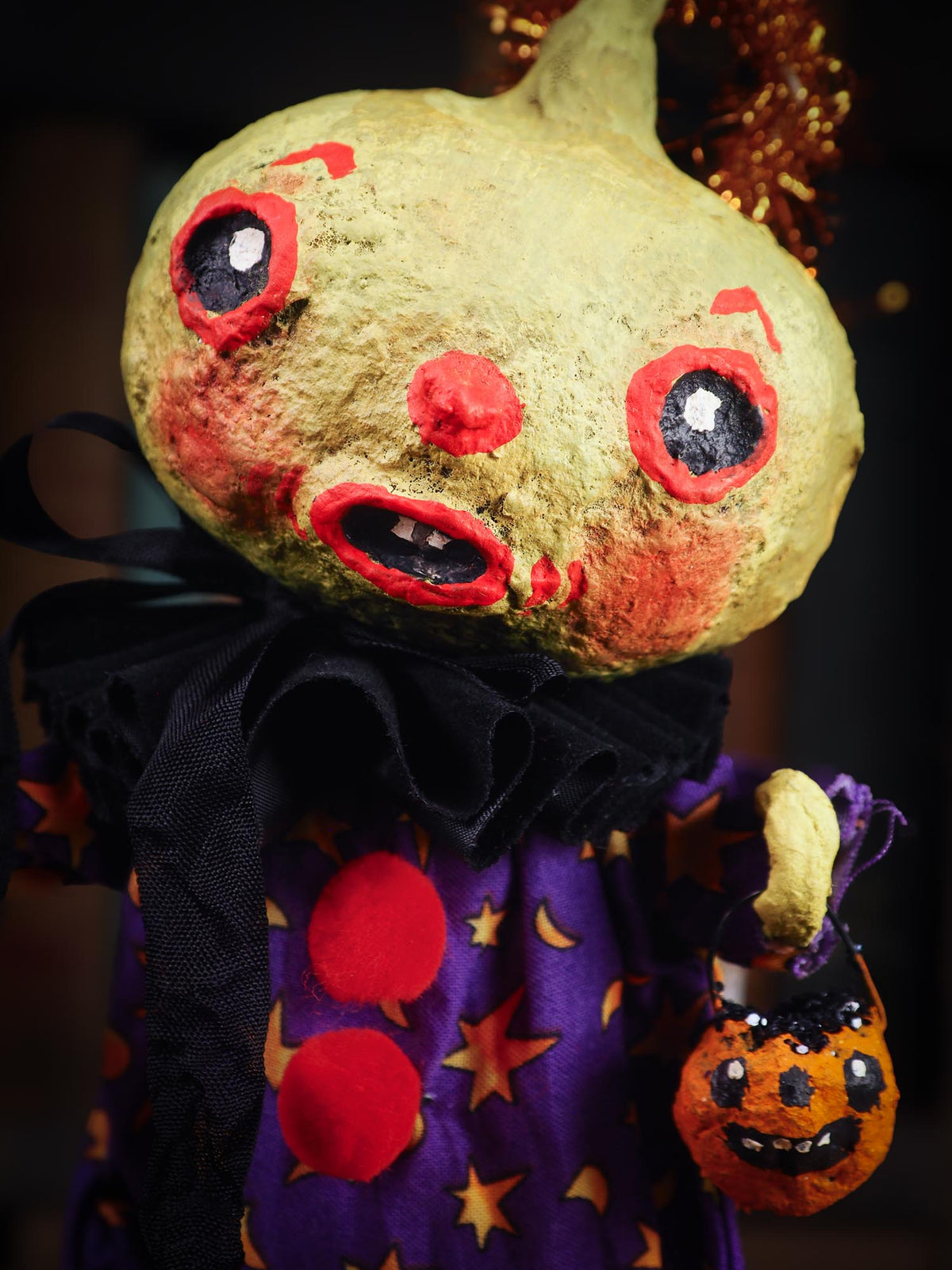 An original spooky cute outsider folk art Halloween Black Cat Doll. Hand made using spun cotton, paper and fabric to create the perfect Halloween ornament for your tree. Specially made for someone who appreciates fine and unique art gifts, It is a one of a kind creation with an original design by Idania Salcido (Danita Art).