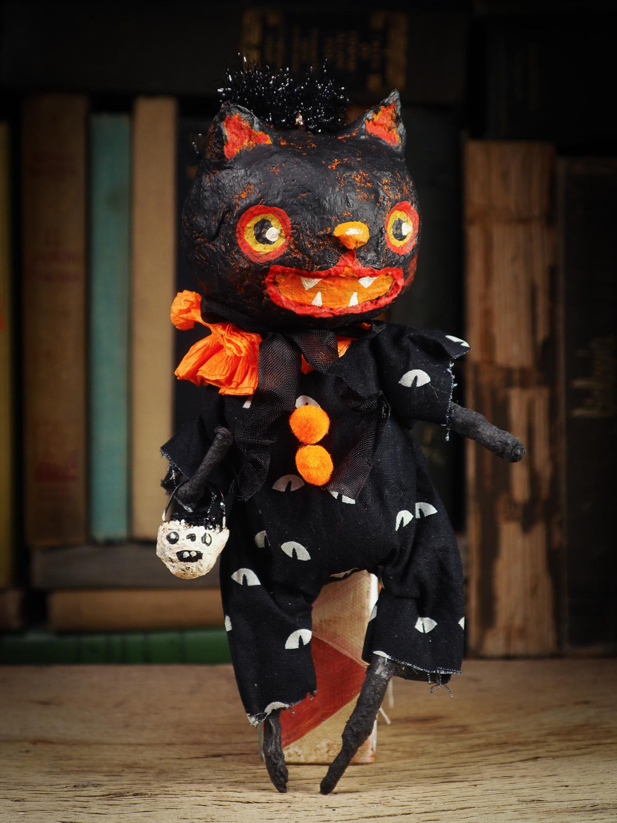 An original spooky cute outsider folk art Halloween Black Cat Doll. Hand made using spun cotton, paper and fabric to create the perfect Halloween ornament for your tree. Specially made for someone who appreciates fine and unique art gifts, It is a one of a kind creation with an original design by Idania Salcido (Danita Art).
