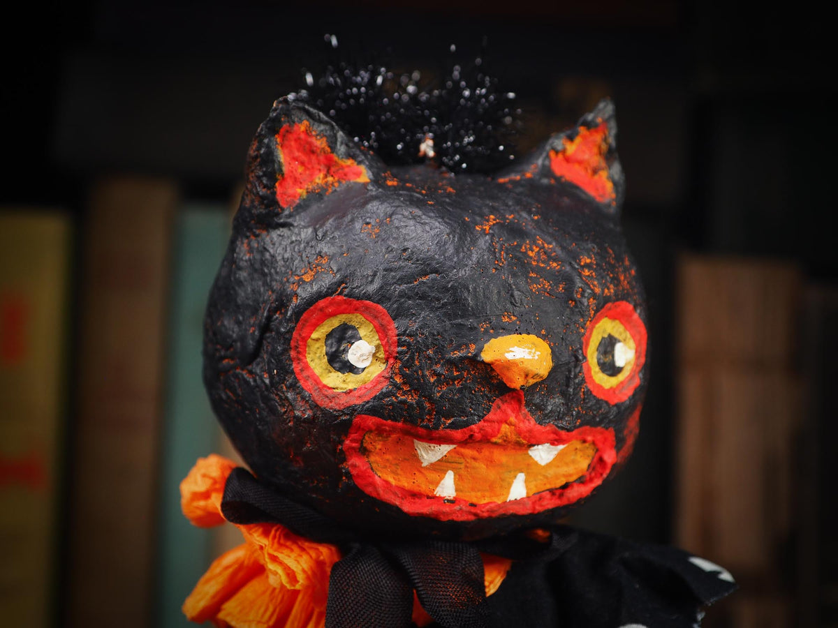 An original spooky cute outsider folk art Halloween Black Cat Doll. Hand made using spun cotton, paper and fabric to create the perfect Halloween ornament for your tree. Specially made for someone who appreciates fine and unique art gifts, It is a one of a kind creation with an original design by Idania Salcido (Danita Art).