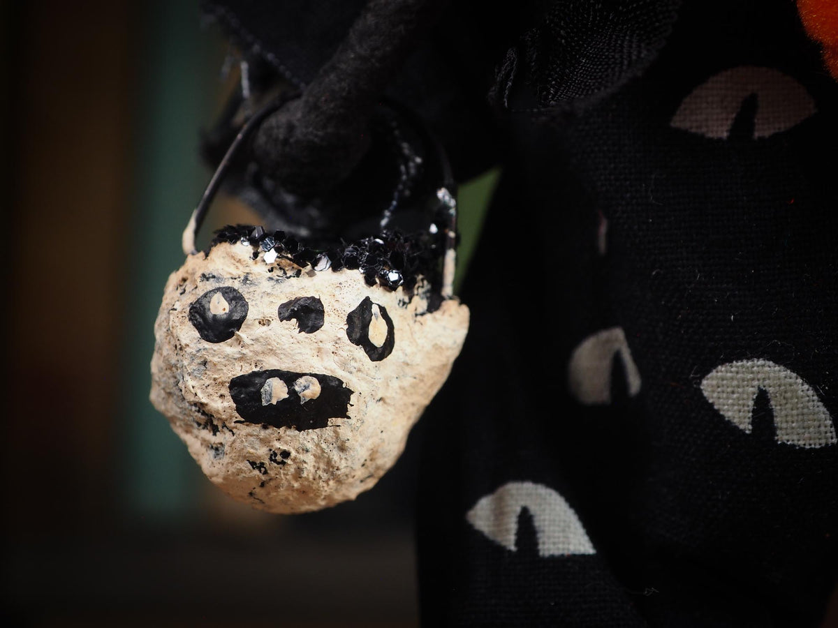 An original spooky cute outsider folk art Halloween Black Cat Doll. Hand made using spun cotton, paper and fabric to create the perfect Halloween ornament for your tree. Specially made for someone who appreciates fine and unique art gifts, It is a one of a kind creation with an original design by Idania Salcido (Danita Art).