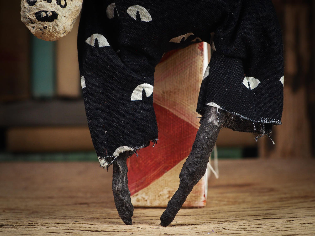 An original spooky cute outsider folk art Halloween Black Cat Doll. Hand made using spun cotton, paper and fabric to create the perfect Halloween ornament for your tree. Specially made for someone who appreciates fine and unique art gifts, It is a one of a kind creation with an original design by Idania Salcido (Danita Art).