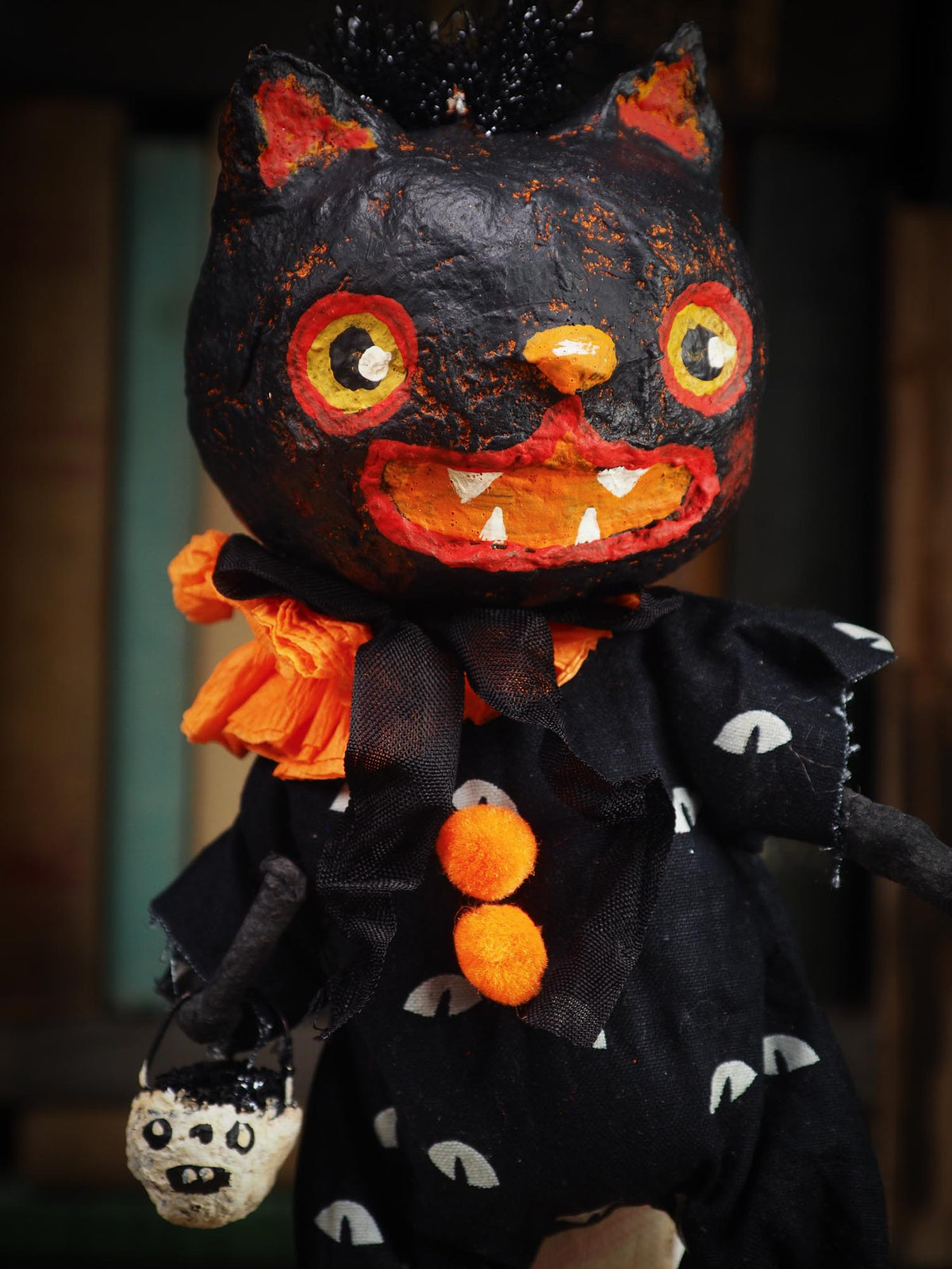 An original spooky cute outsider folk art Halloween Black Cat Doll. Hand made using spun cotton, paper and fabric to create the perfect Halloween ornament for your tree. Specially made for someone who appreciates fine and unique art gifts, It is a one of a kind creation with an original design by Idania Salcido (Danita Art).