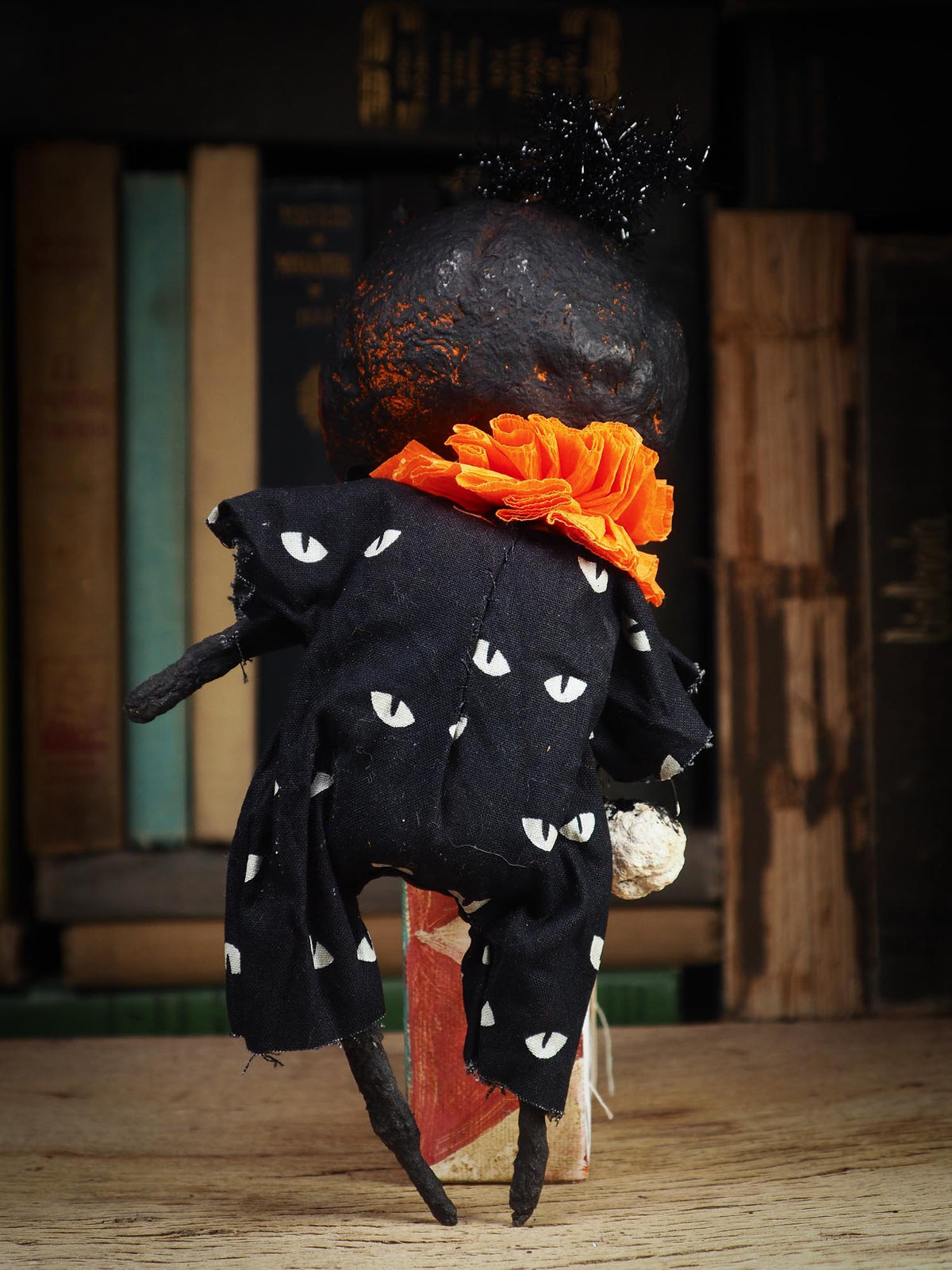 An original spooky cute outsider folk art Halloween Black Cat Doll. Hand made using spun cotton, paper and fabric to create the perfect Halloween ornament for your tree. Specially made for someone who appreciates fine and unique art gifts, It is a one of a kind creation with an original design by Idania Salcido (Danita Art).