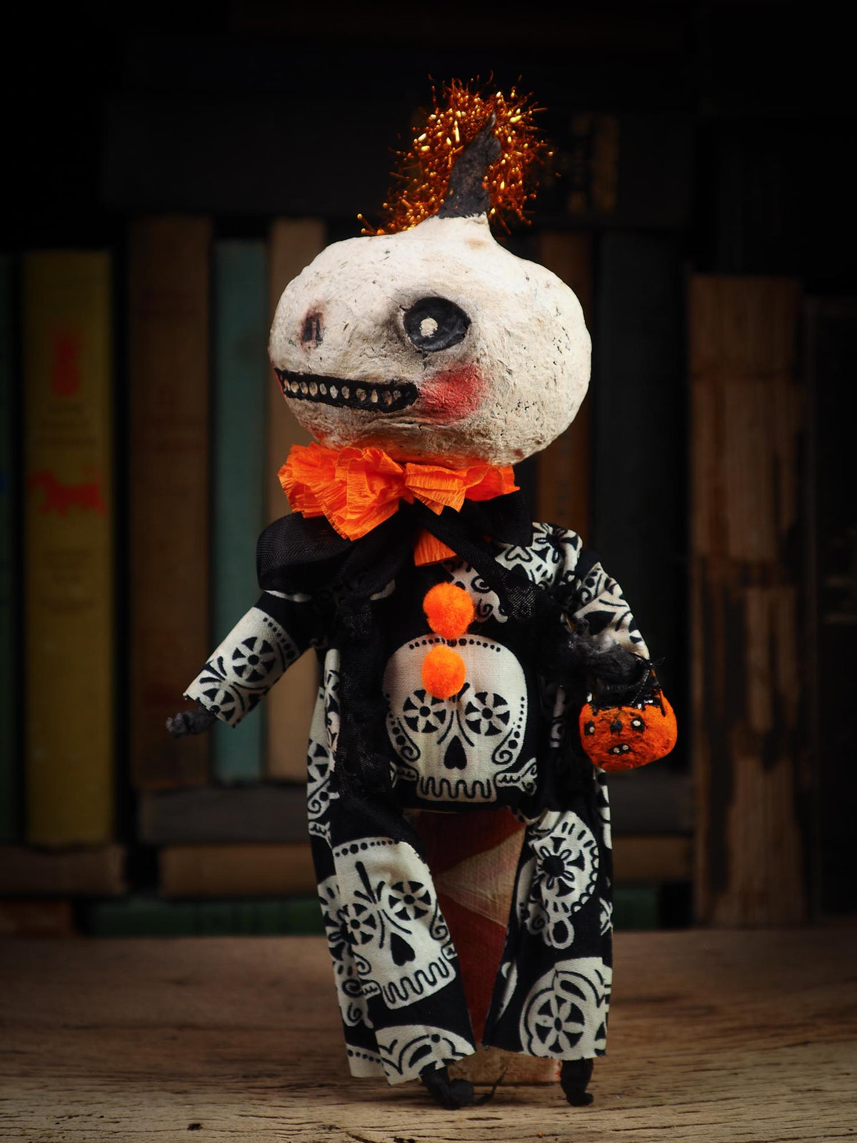 An original spooky cute outsider folk art Halloween Doll. Hand made using spun cotton, paper and fabric to create the perfect Halloween ornament for your tree. Specially made for someone who appreciates fine and unique art gifts, It is a one of a kind creation with an original design by Idania Salcido (Danita Art).