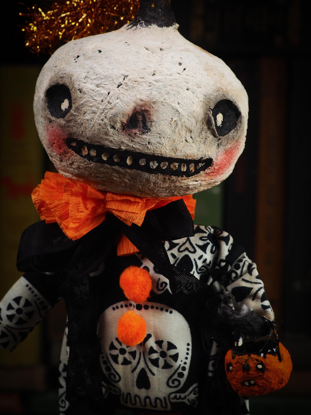An original spooky cute outsider folk art Halloween Doll. Hand made using spun cotton, paper and fabric to create the perfect Halloween ornament for your tree. Specially made for someone who appreciates fine and unique art gifts, It is a one of a kind creation with an original design by Idania Salcido (Danita Art).