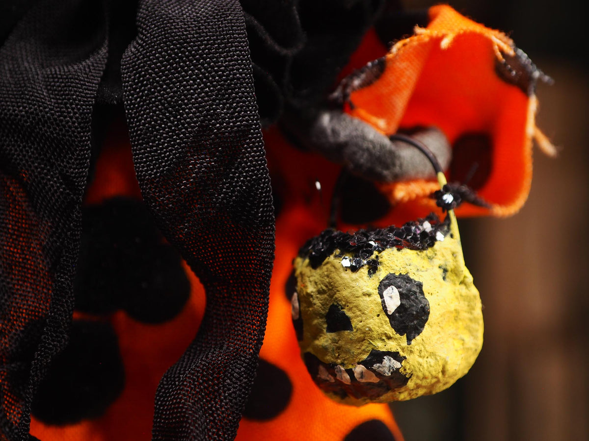 An original spooky cute outsider folk art Halloween Doll. Hand made using spun cotton, paper and fabric to create the perfect Halloween ornament for your tree. Specially made for someone who appreciates fine and unique art gifts, It is a one of a kind creation with an original design by Idania Salcido (Danita Art).