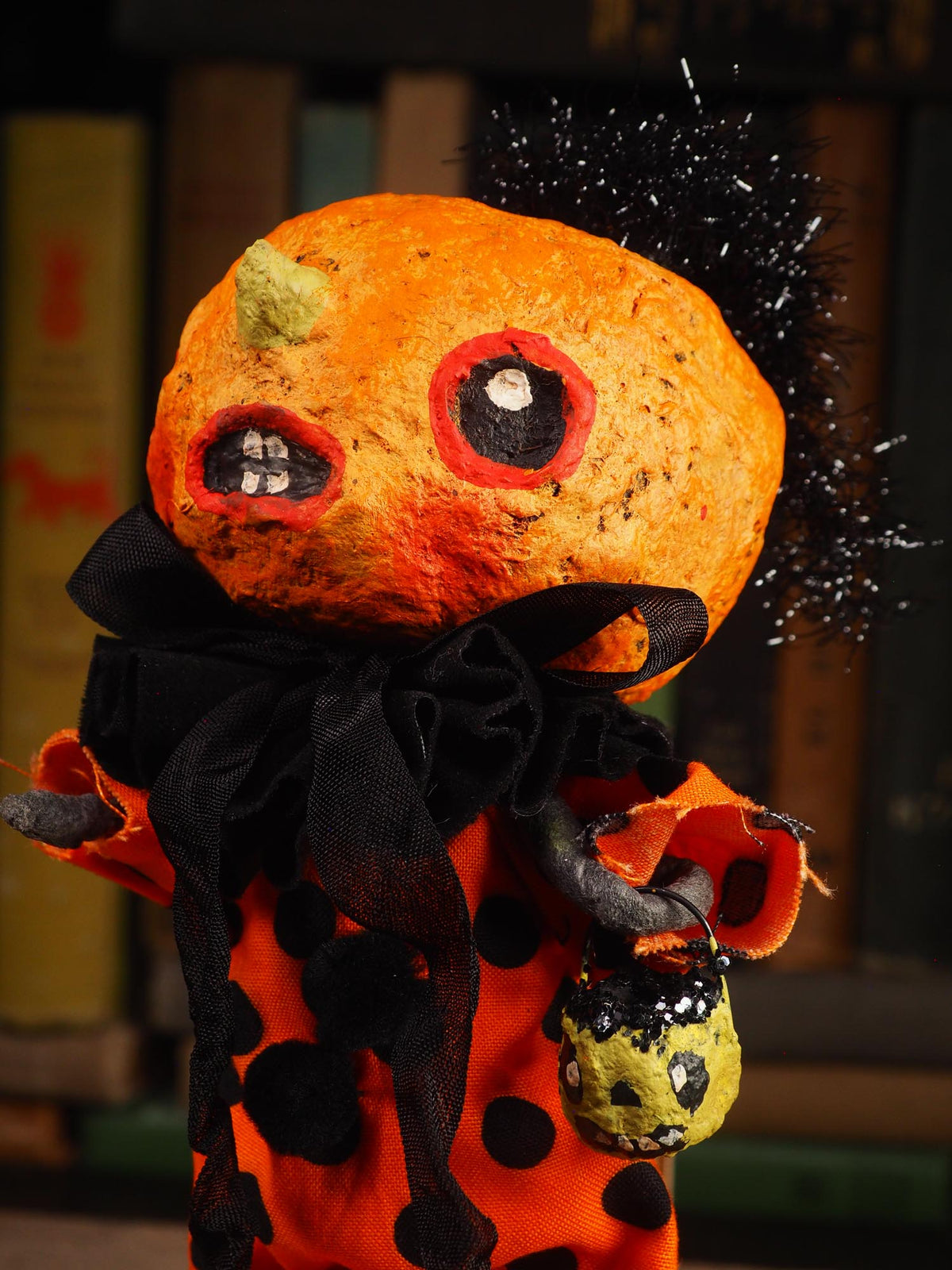 An original spooky cute outsider folk art Halloween Doll. Hand made using spun cotton, paper and fabric to create the perfect Halloween ornament for your tree. Specially made for someone who appreciates fine and unique art gifts, It is a one of a kind creation with an original design by Idania Salcido (Danita Art).