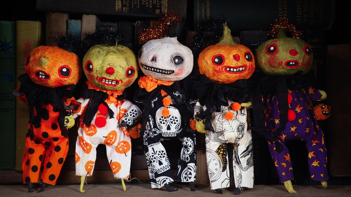 A collection of original spooky cute outsider folk art Halloween Dolls. Hand made using spun cotton, paper and fabric to create the perfect Halloween ornament collection for your tree. Specially created for someone who appreciates fine and unique art gifts, they are a one of a kind creation with an original design by Idania Salcido (Danita Art).