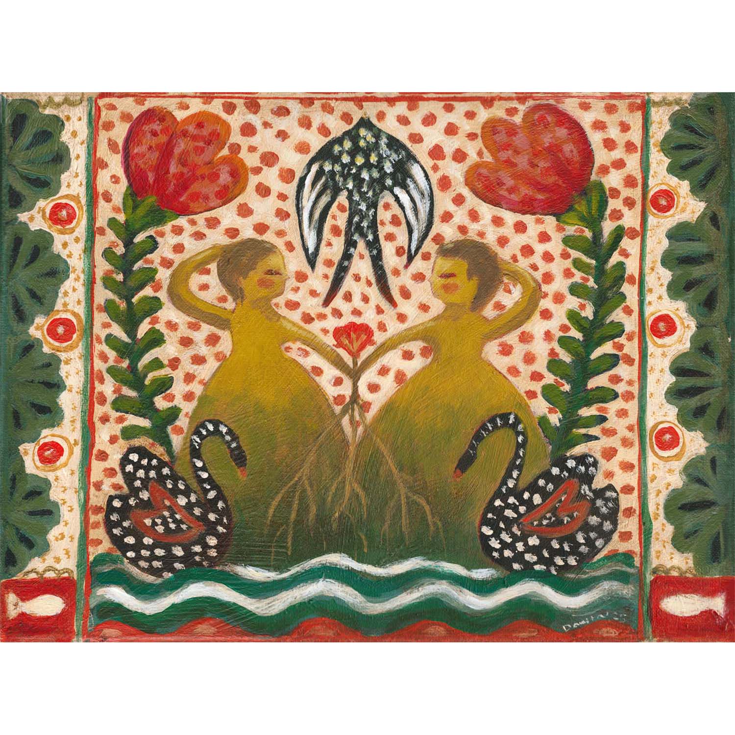 “Tangled” by Idania Salcido, 12x16” acrylic on canvas—folk-art beauty with swans, flowers, and sisterly bonds, perfect for joyful, eclectic homes.