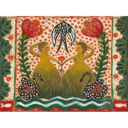 “Tangled” by Idania Salcido, 12x16” acrylic on canvas—folk-art beauty with swans, flowers, and sisterly bonds, perfect for joyful, eclectic homes.