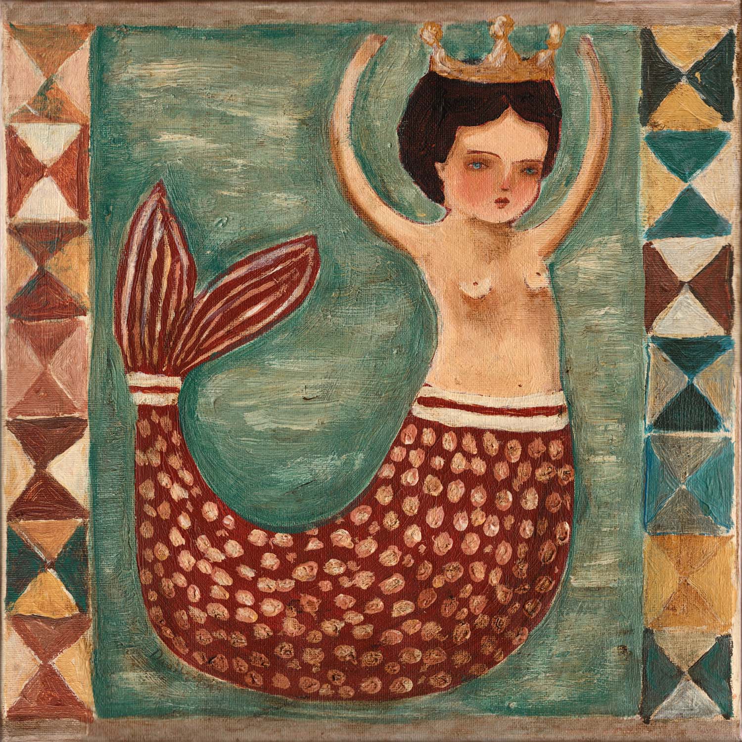 “Queen Of Tides” by Idania Salcido, 9x12” acrylic on canvas—folk-art beauty with ocean charm, perfect for collectors of whimsical, original art.