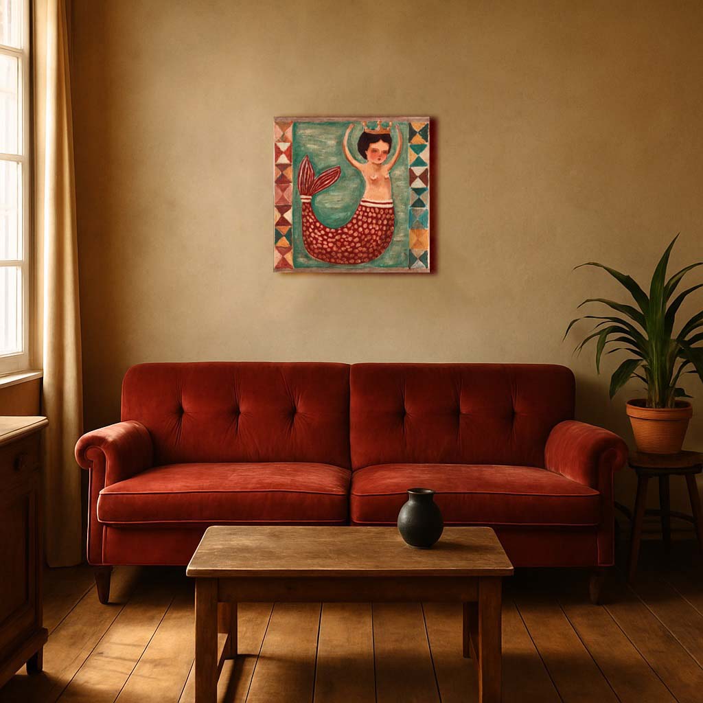 “Queen Of Tides” by Idania Salcido, 9x12” acrylic on canvas—folk-art beauty with ocean charm, perfect for collectors of whimsical, original art.