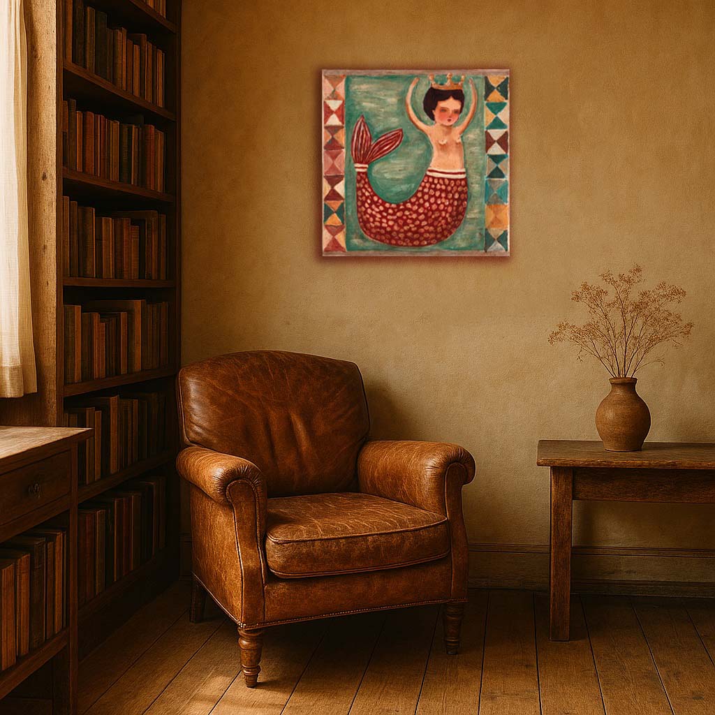 “Queen Of Tides” by Idania Salcido, 9x12” acrylic on canvas—folk-art beauty with ocean charm, perfect for collectors of whimsical, original art.