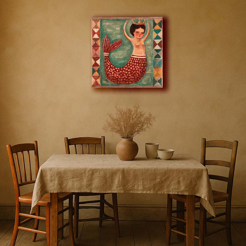 “Queen Of Tides” by Idania Salcido, 9x12” acrylic on canvas—folk-art beauty with ocean charm, perfect for collectors of whimsical, original art.