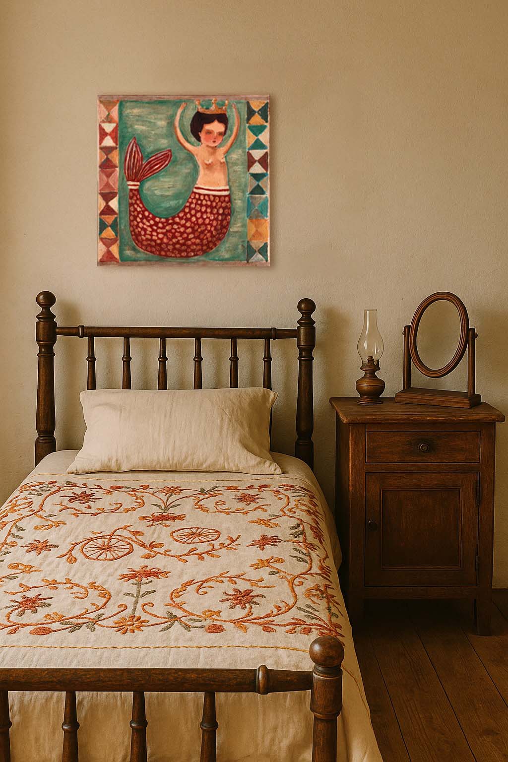 “Queen Of Tides” by Idania Salcido, 9x12” acrylic on canvas—folk-art beauty with ocean charm, perfect for collectors of whimsical, original art.