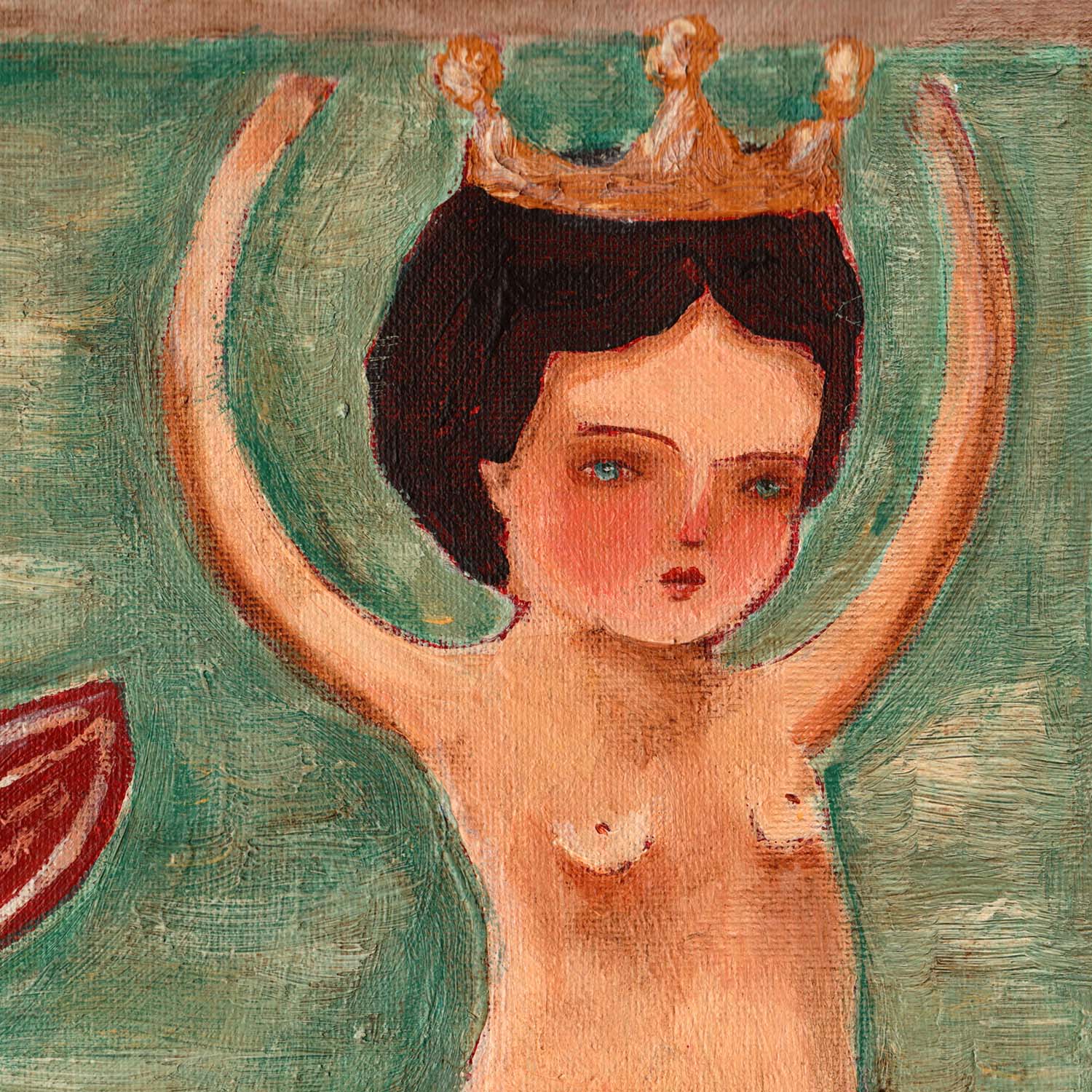 “Queen Of Tides” by Idania Salcido, 9x12” acrylic on canvas—folk-art beauty with ocean charm, perfect for collectors of whimsical, original art.