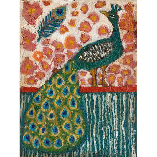 “The Peacock’s Garden” by Idania Salcido, 9x12” acrylic on canvas—folk-art elegance with vibrant blooms and rich jewel tones for your home décor.