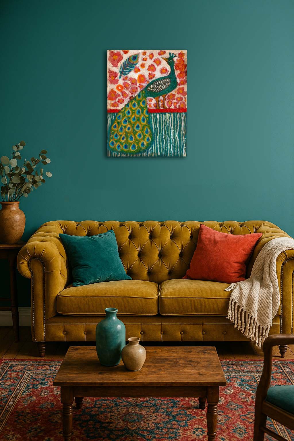 “The Peacock’s Garden” by Idania Salcido, 9x12” acrylic on canvas—folk-art elegance with vibrant blooms and rich jewel tones for your home décor.